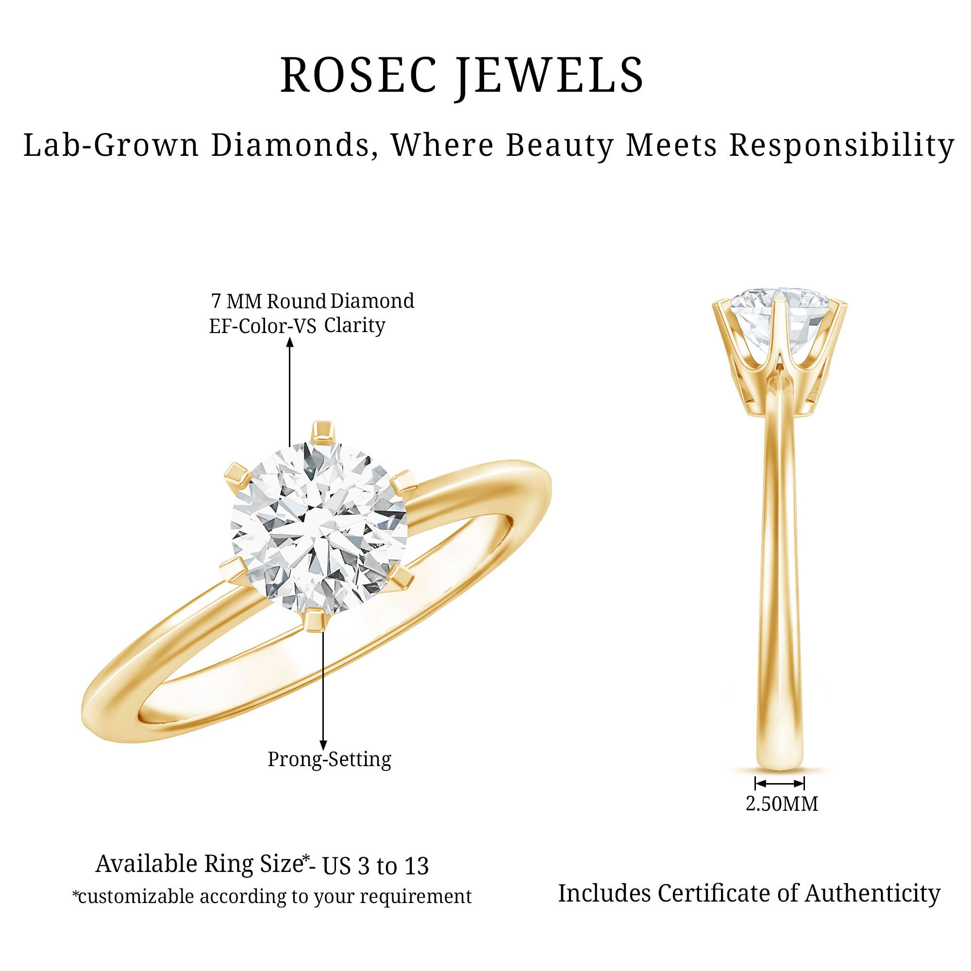 Brilliant Cut Lab Grown Diamond Solitaire Engagement Ring With 6 Prongs Lab - ( EF-VS ) - Rosec Jewels