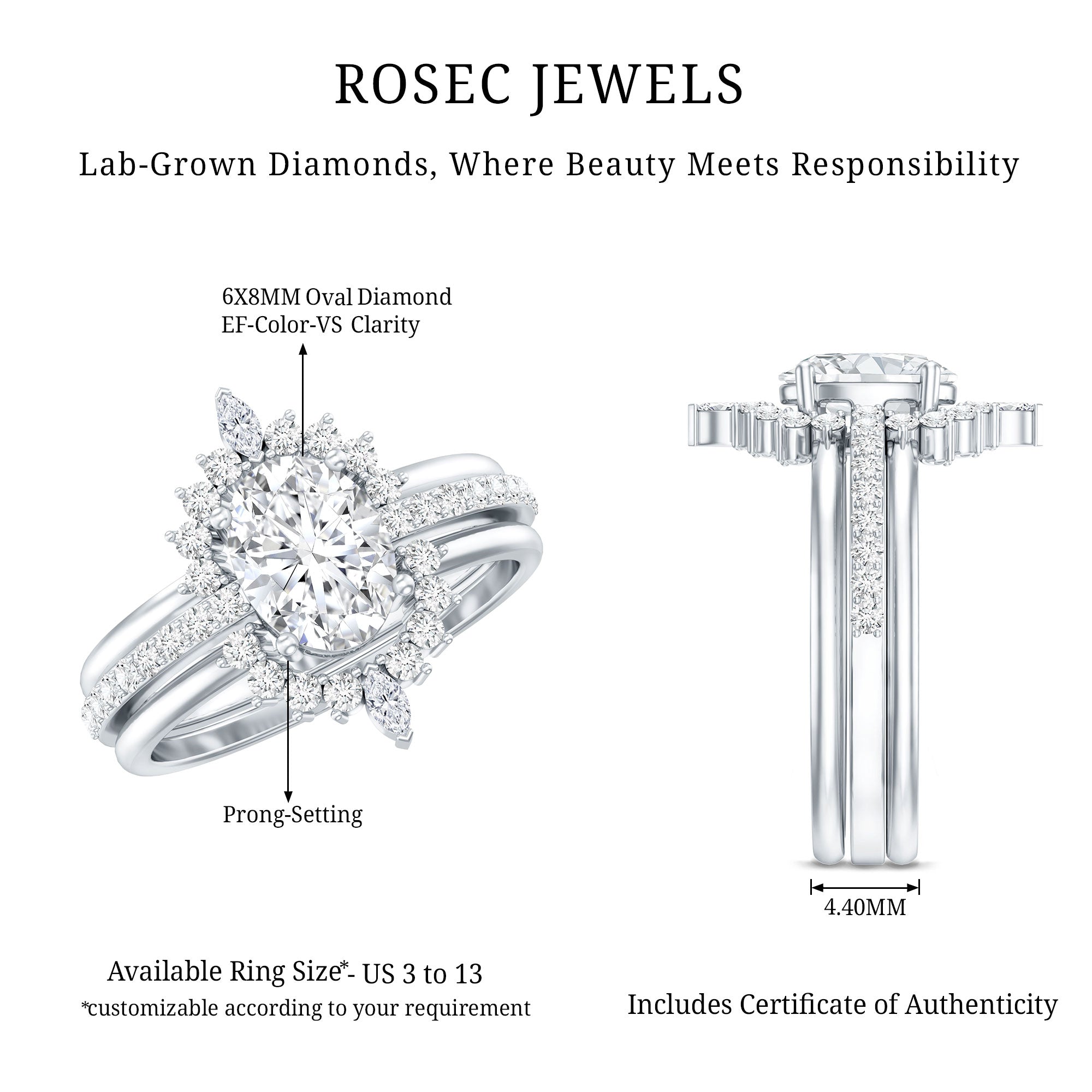 Certified Lab Grown Diamond Vintage Engagement Ring Set With 3 Pieces Lab - ( EF-VS ) - Rosec Jewels
