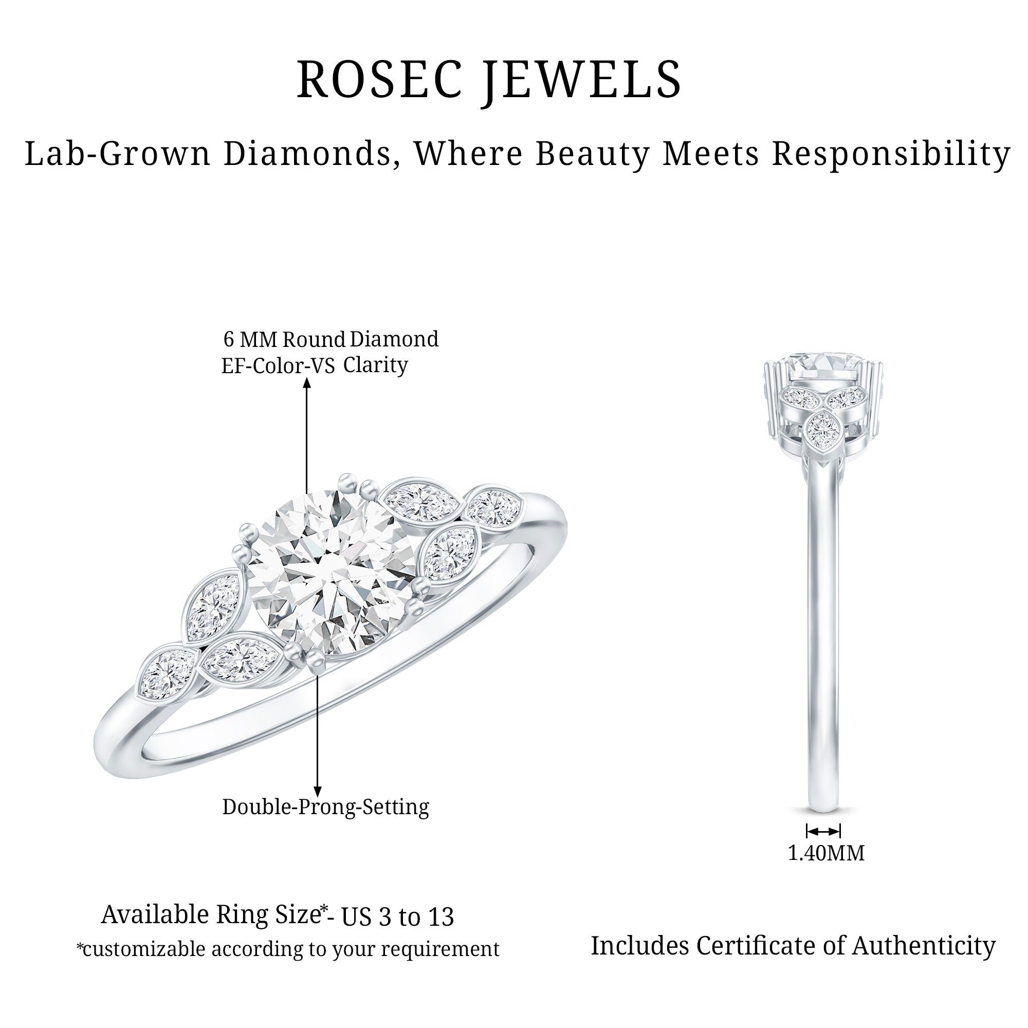 Certified 0.9 Carat Round Diamond Promise Engagement Ring For Her Lab - ( EF-VS ) - Rosec Jewels