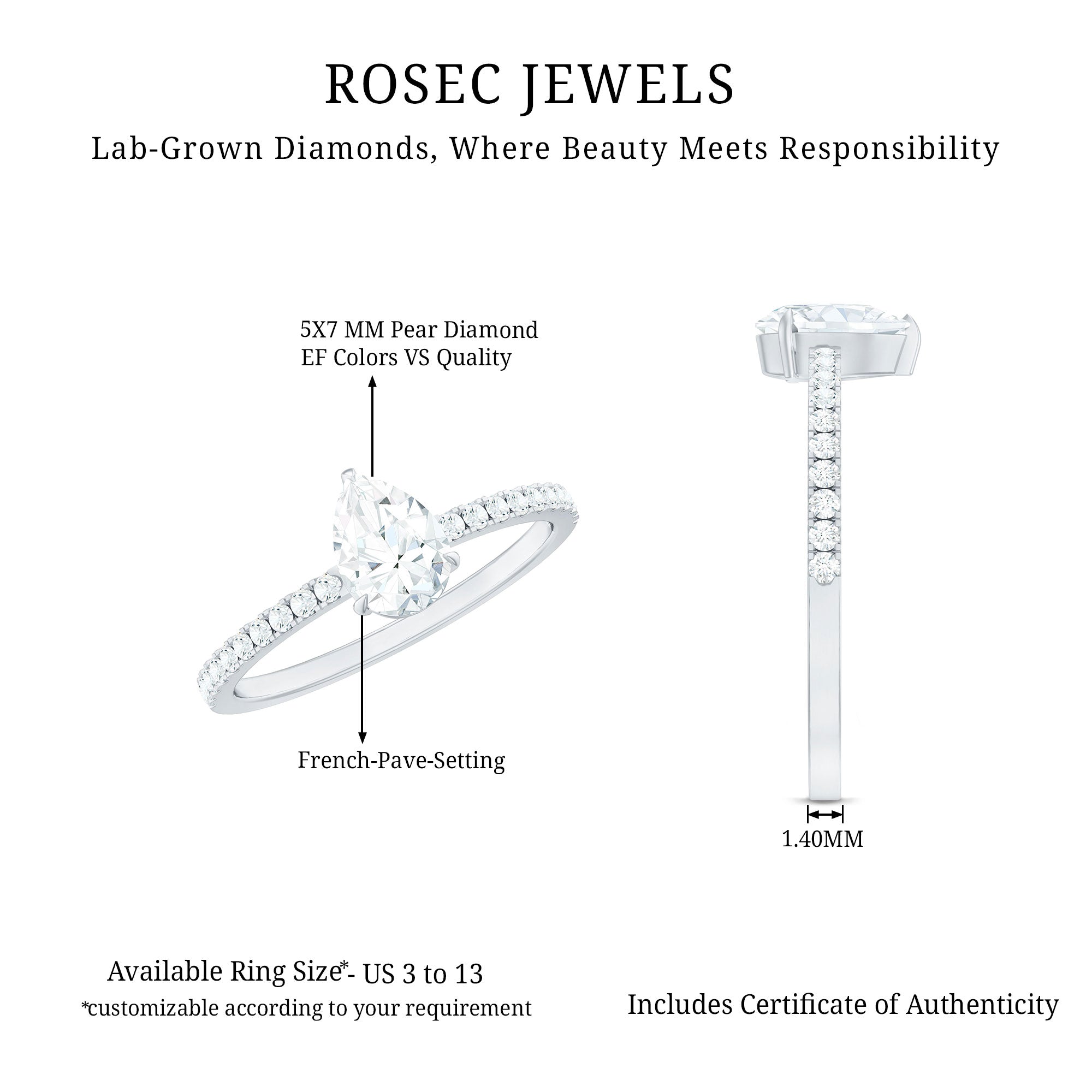 Rosec Jewels-1 CT Pear Cut Man Made Diamond Engagement Ring