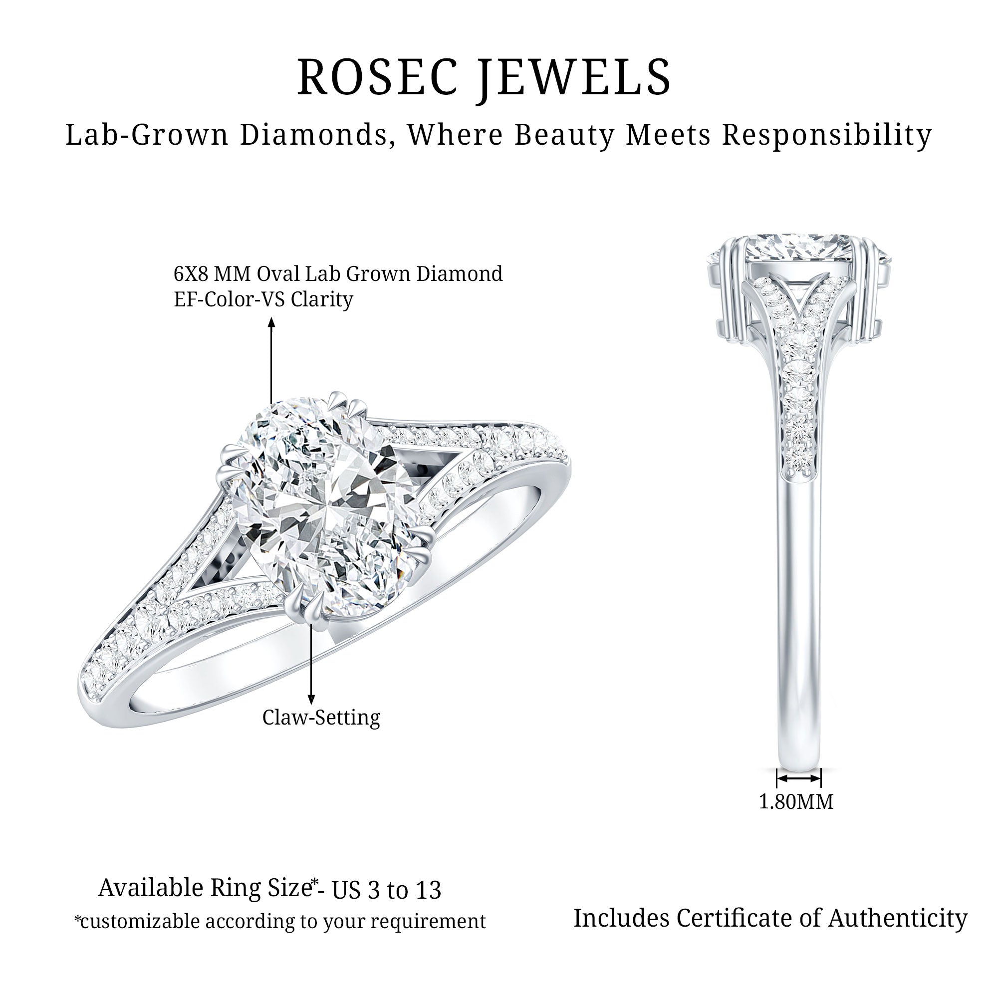Oval Brilliant Cut Lab Diamond Engagement Ring with Split Shank Lab - ( EF-VS ) - Rosec Jewels