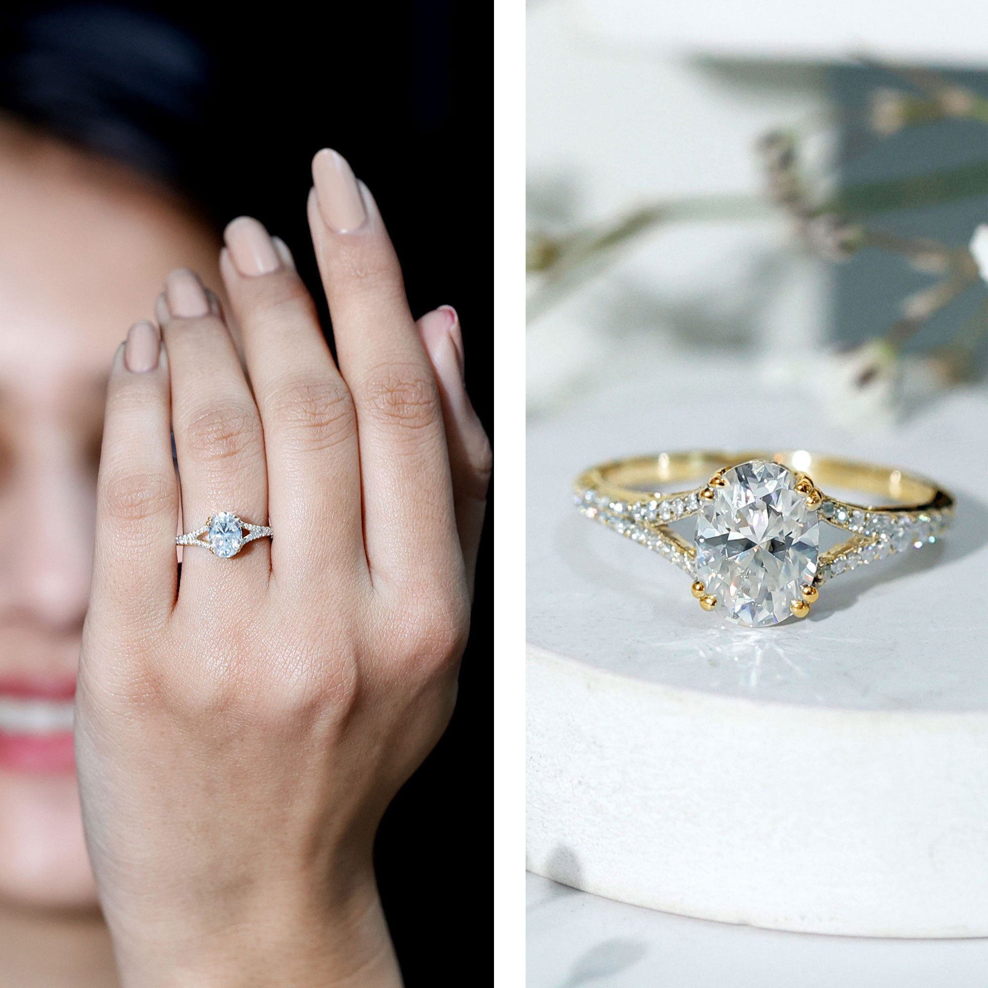 Oval Brilliant Cut Lab Diamond Engagement Ring with Split Shank Lab - ( EF-VS ) - Rosec Jewels