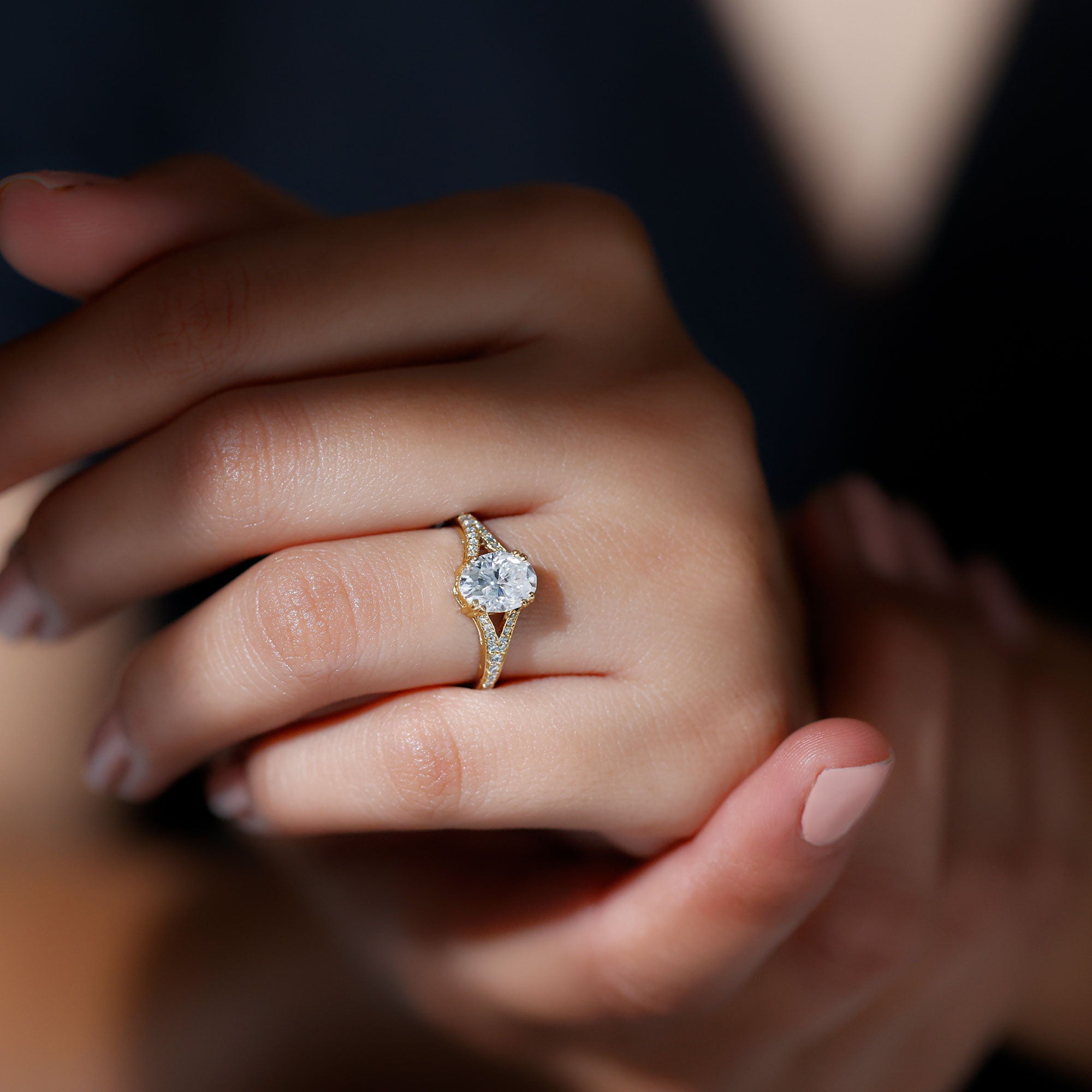 Oval Brilliant Cut Lab Diamond Engagement Ring with Split Shank Lab - ( EF-VS ) - Rosec Jewels