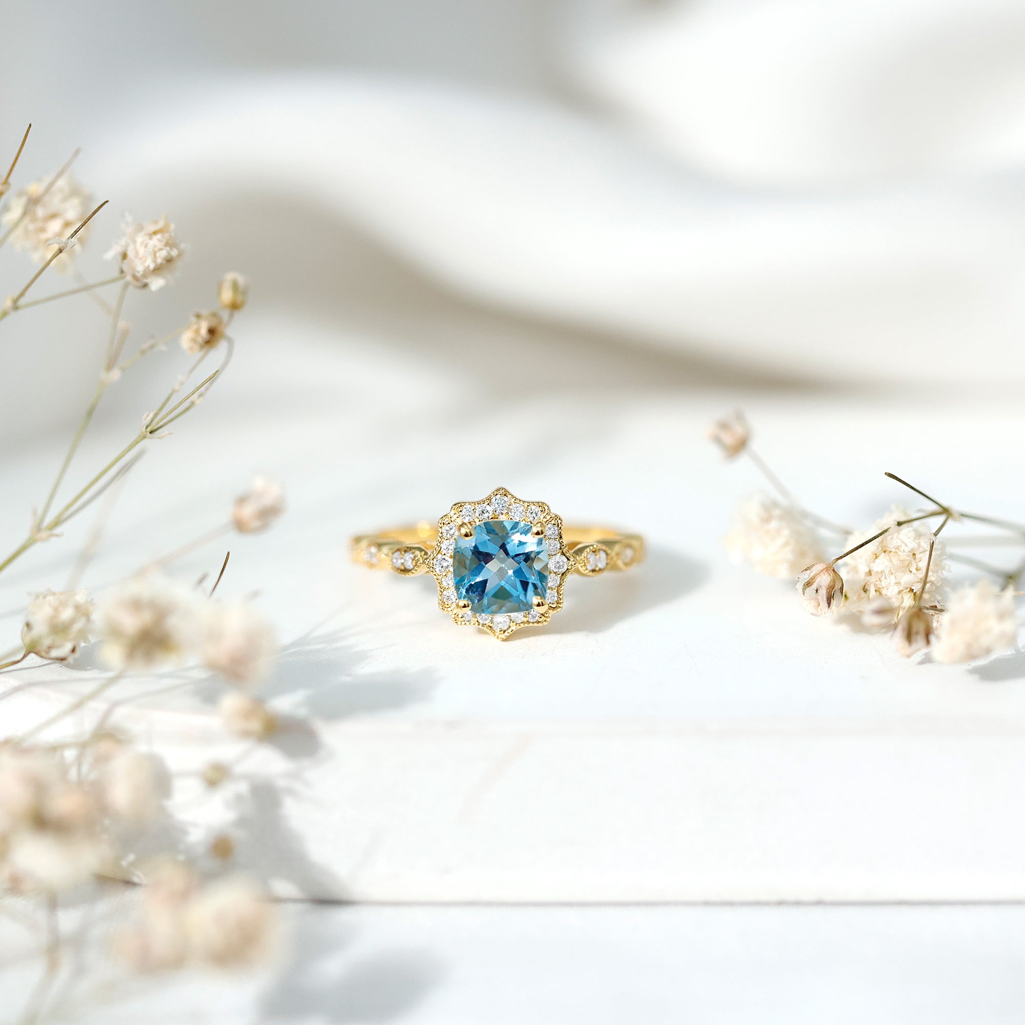 Rosec Jewels-Vintage Looking Swiss Blue Topaz Diamond Engagement Ring in Silver