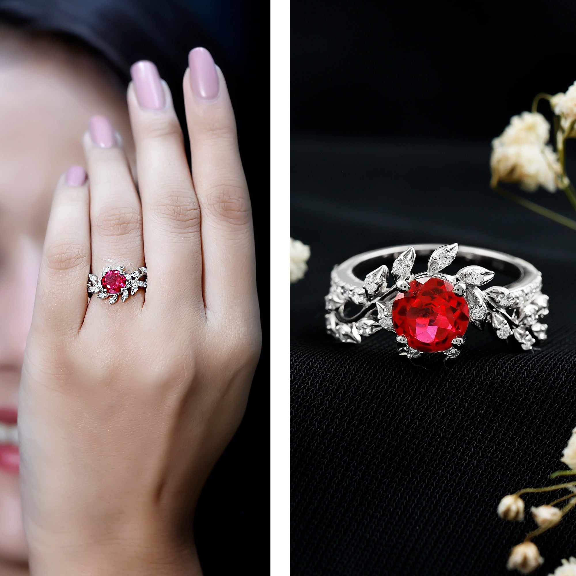 Certified Lab Grown Ruby Diamond Vine Engagement Ring AAAA - Rosec Jewels