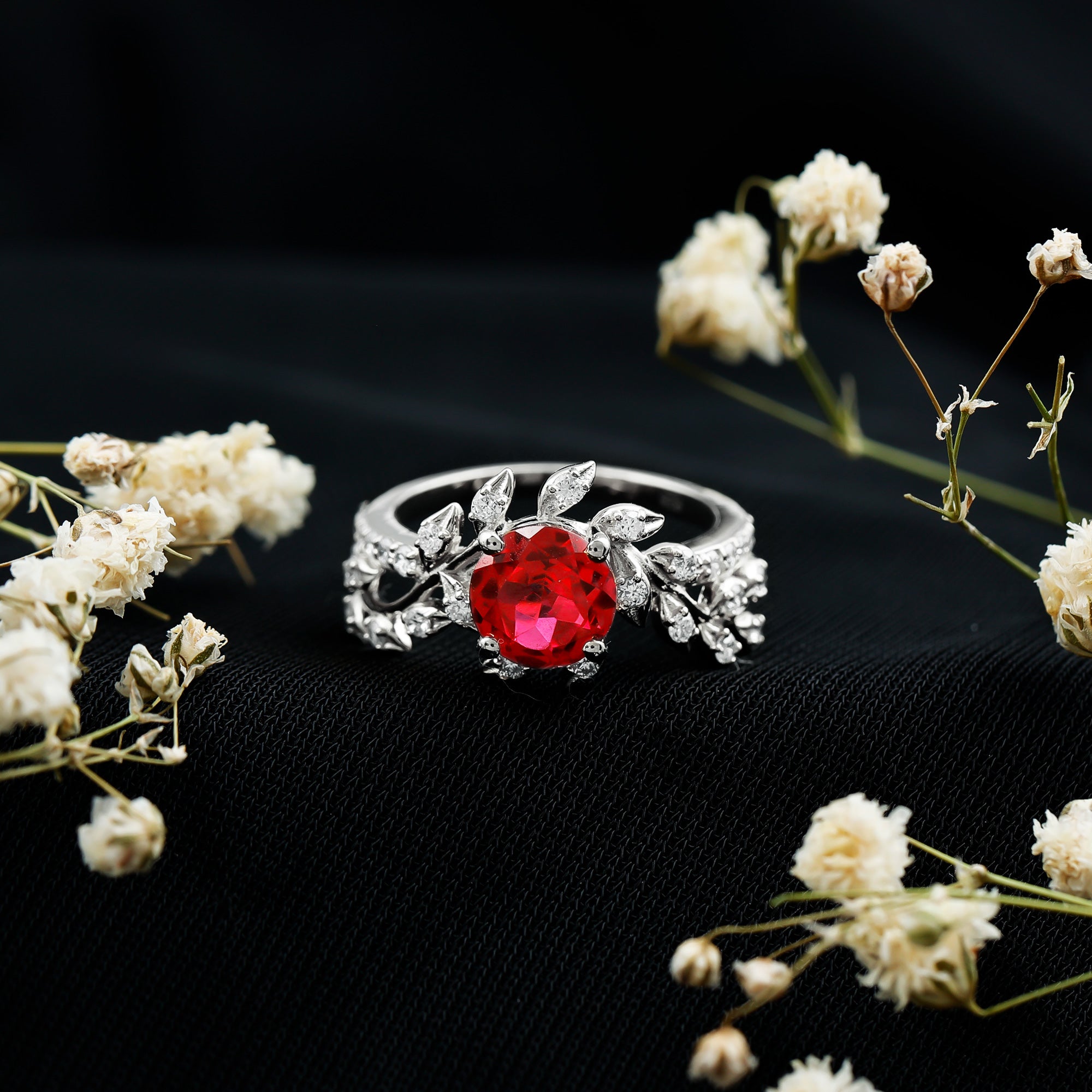 Certified Lab Grown Ruby Diamond Vine Engagement Ring AAAA - Rosec Jewels