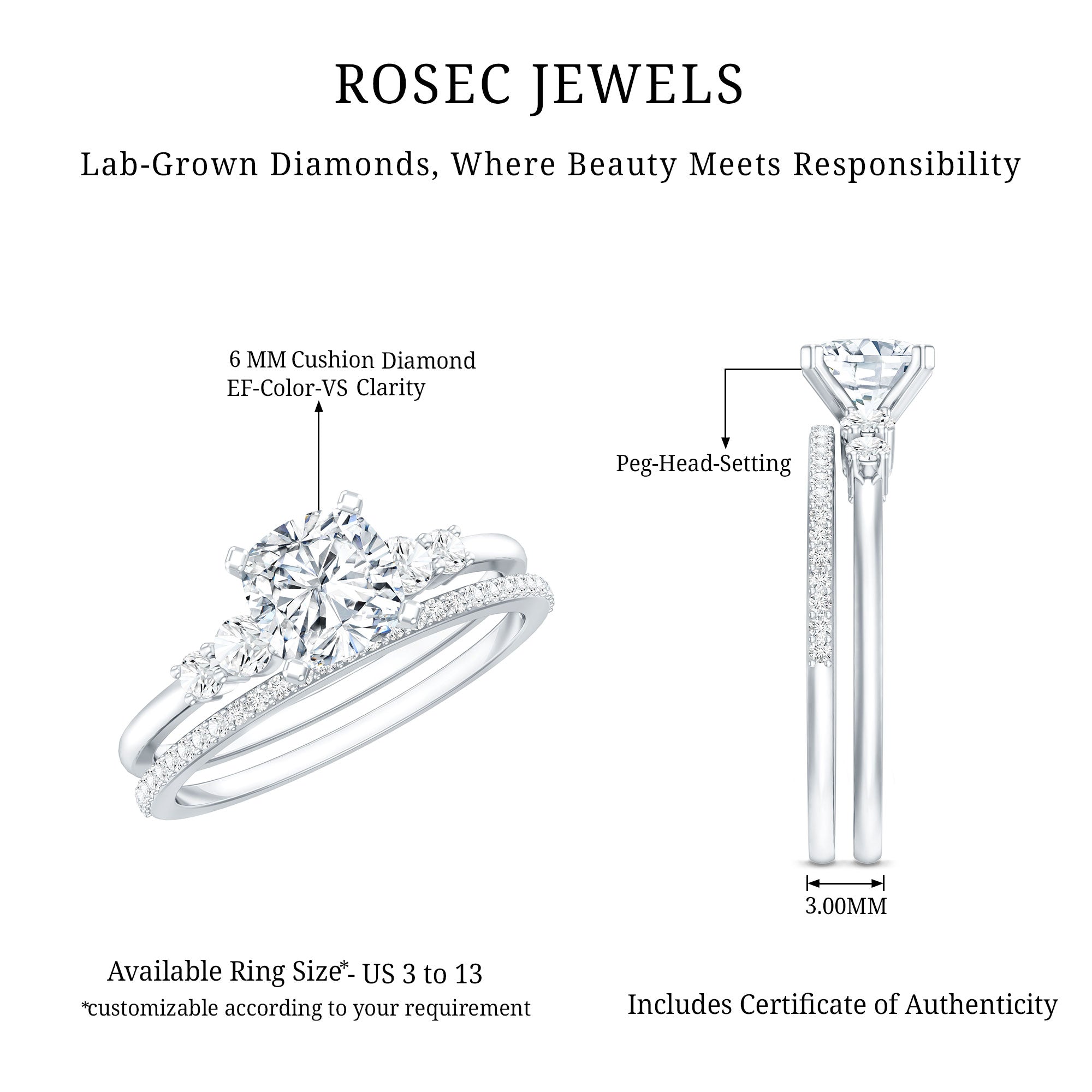Lab Grown Diamond 6 MM Cushion Engagement Ring with Wedding band Lab - ( EF-VS ) - Rosec Jewels