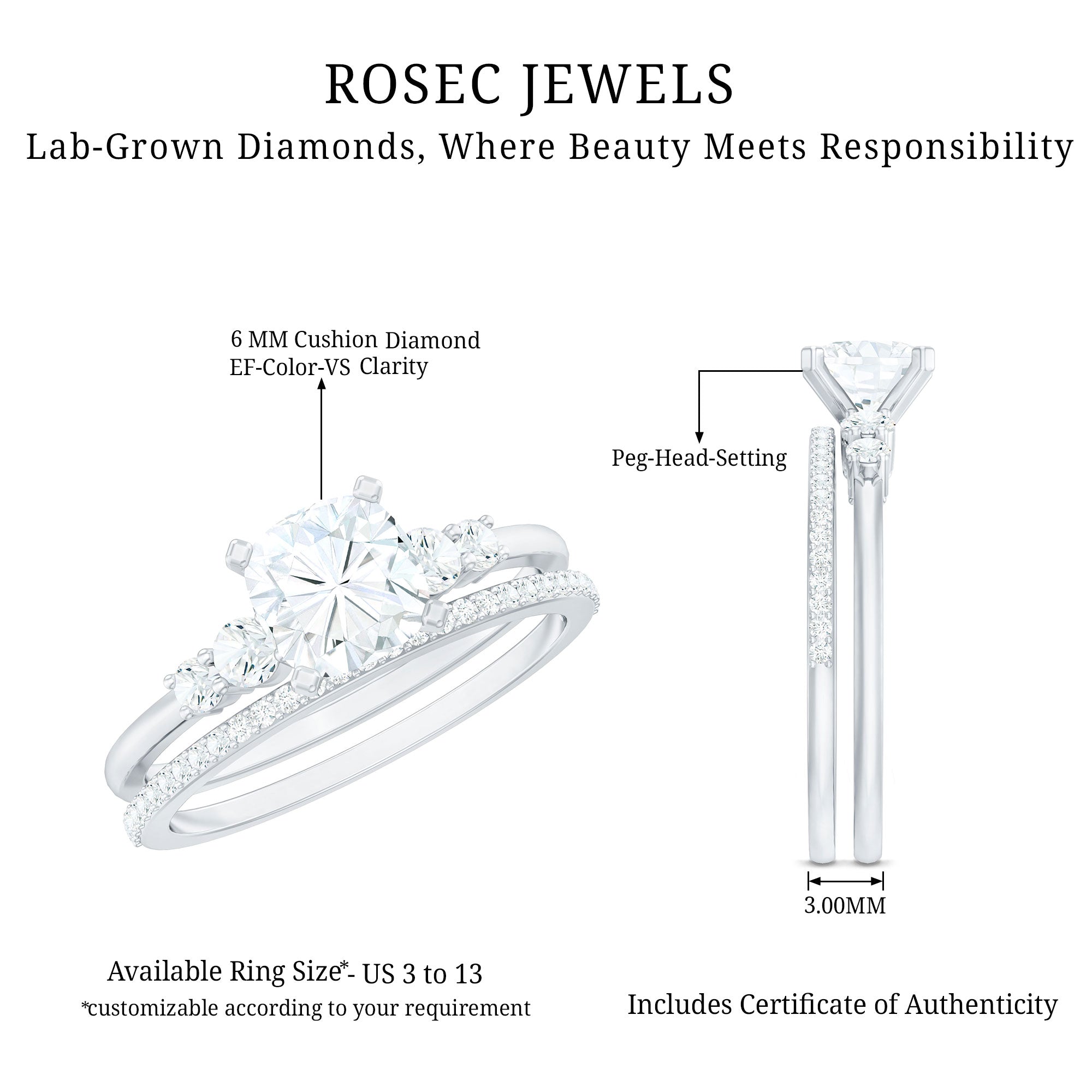Rosec Jewels-Lab Grown Diamond 6 MM Cushion Engagement Ring with Wedding band