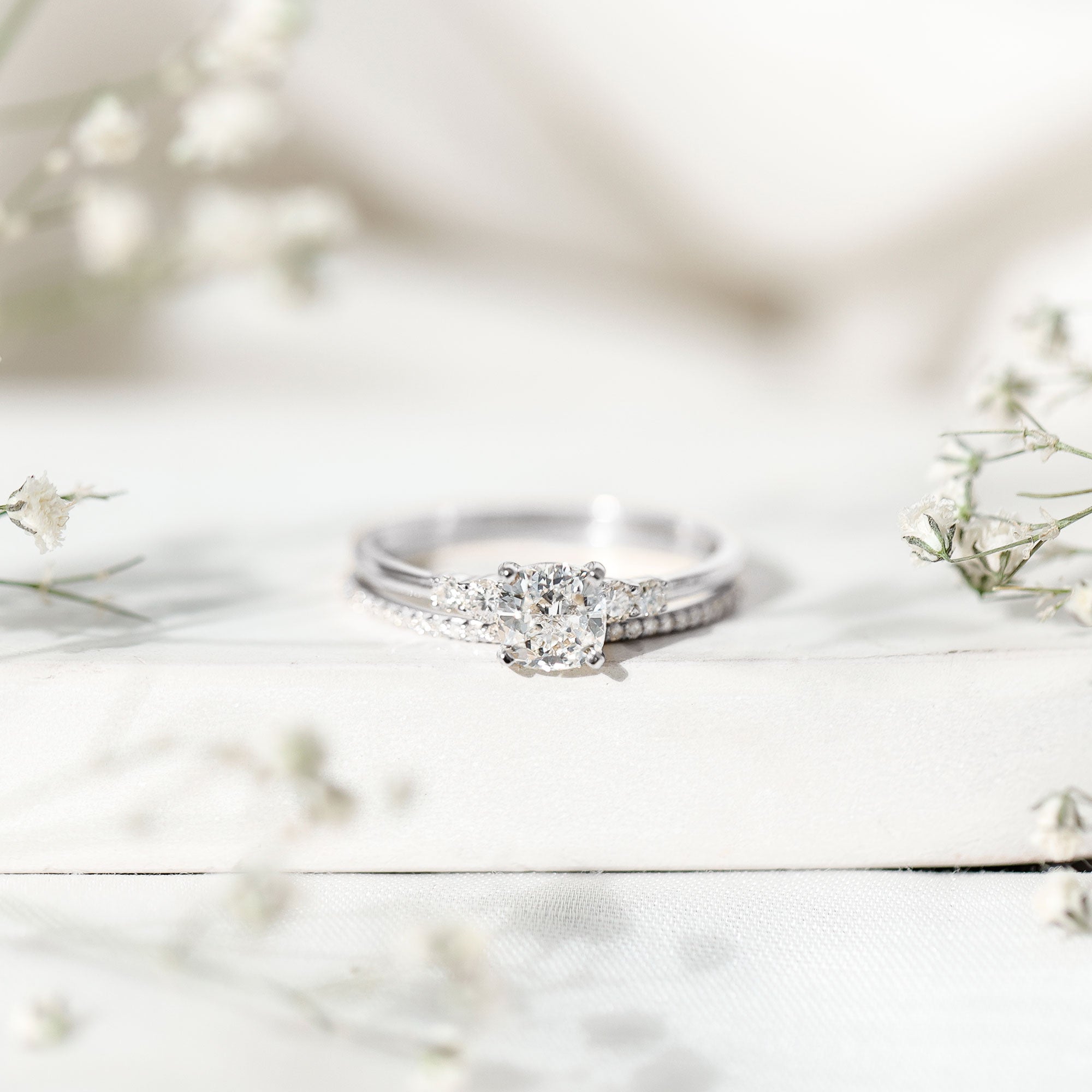 Lab Grown Diamond 6 MM Cushion Engagement Ring with Wedding band Lab - ( EF-VS ) - Rosec Jewels