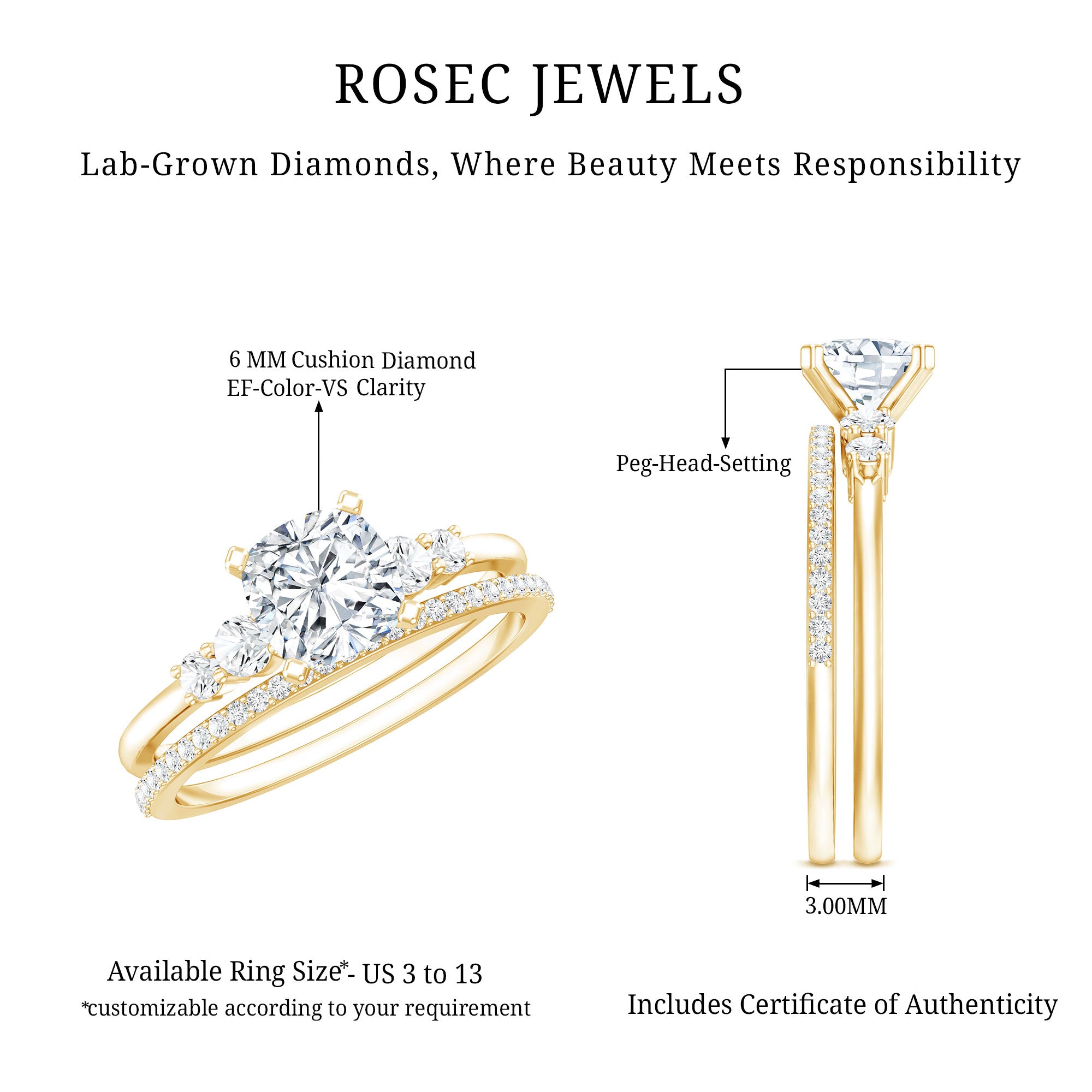 Lab Grown Diamond 6 MM Cushion Engagement Ring with Wedding band Lab - ( EF-VS ) - Rosec Jewels