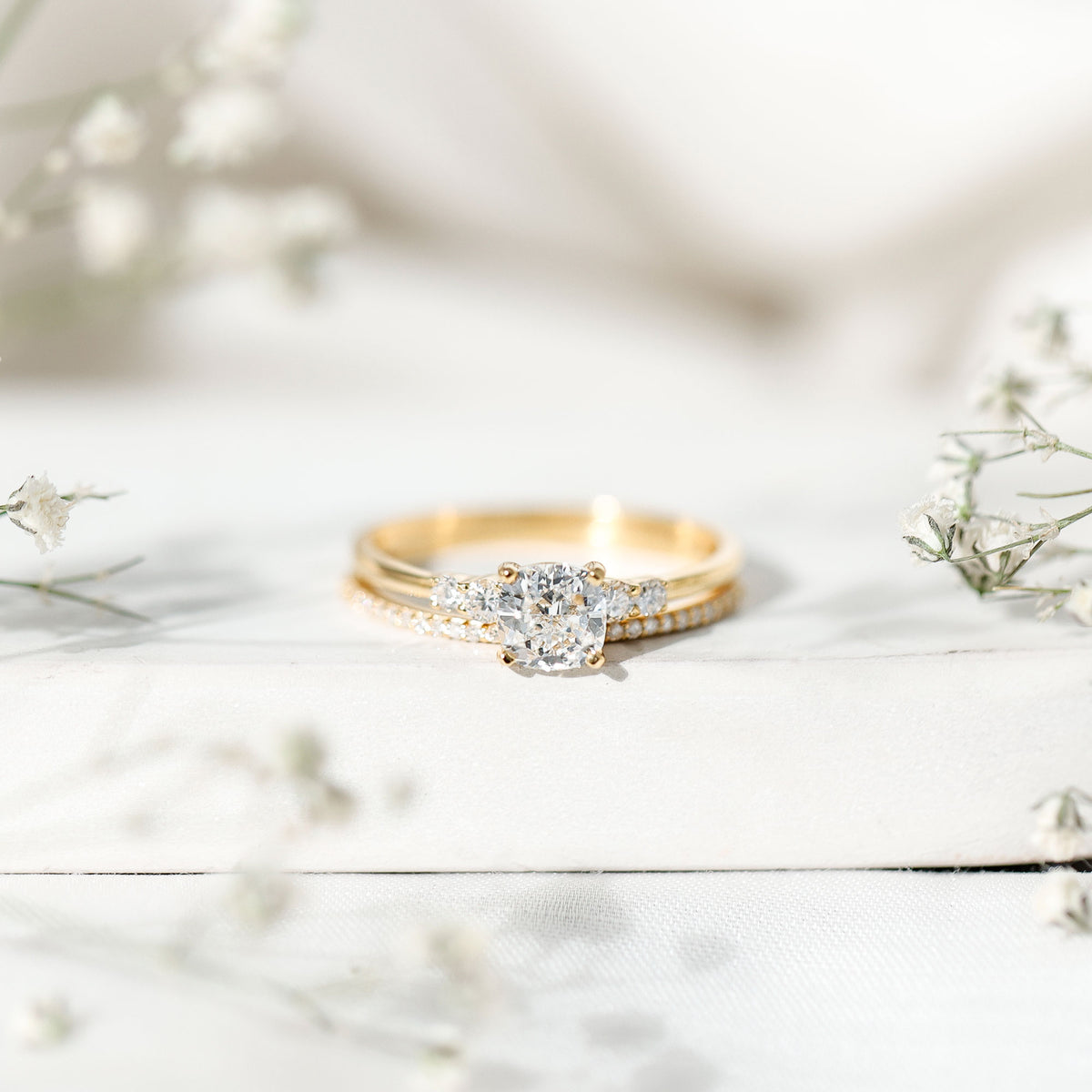 IGI Certified 1 Carat Lab Grown Diamond Cushion Engagement Ring with Wedding Band Lab - ( E-VS1 ) - Rosec Jewels
