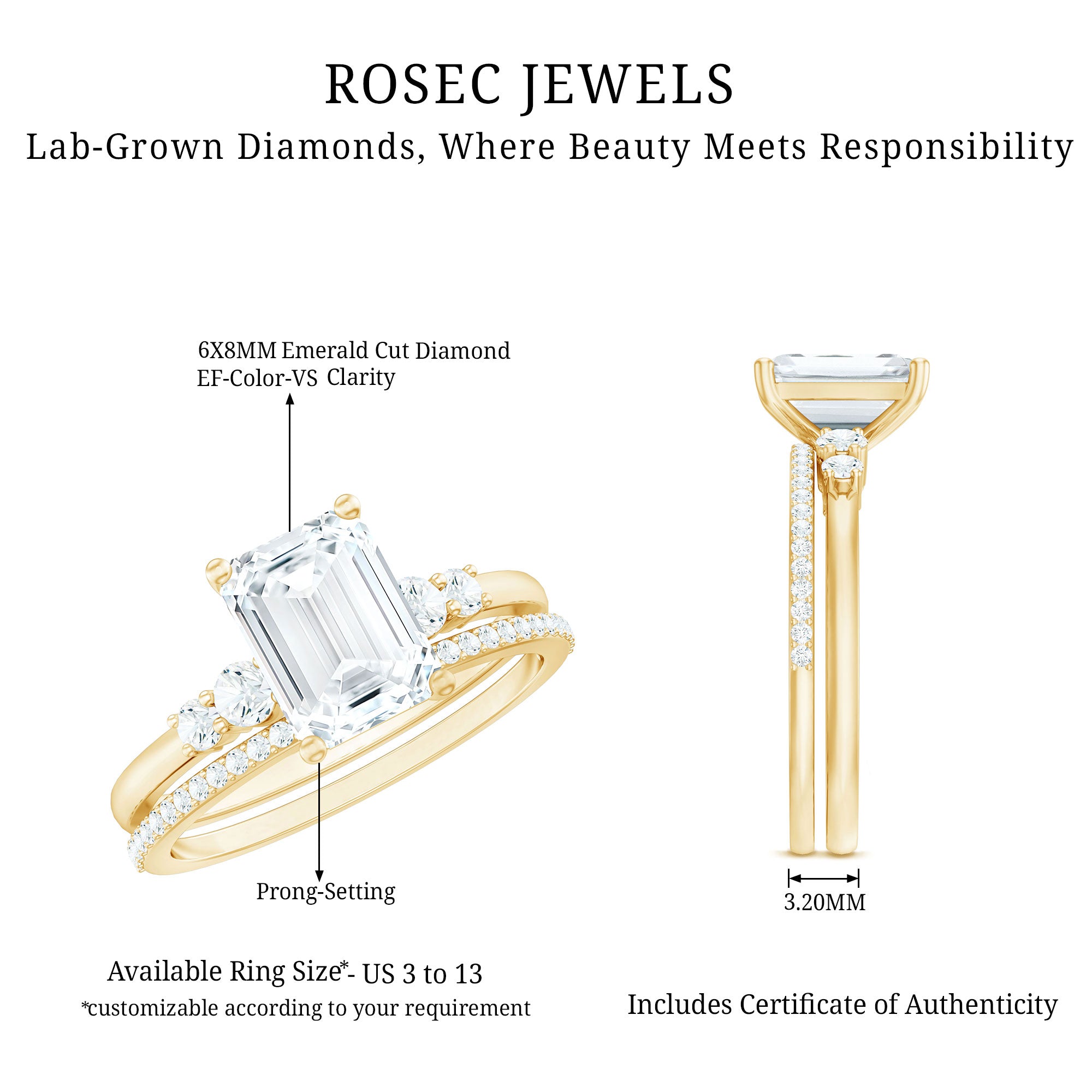 Rosec Jewels-Certified Lab Grown Diamond 6X8MM Emerald Cut Engagement Ring with Band