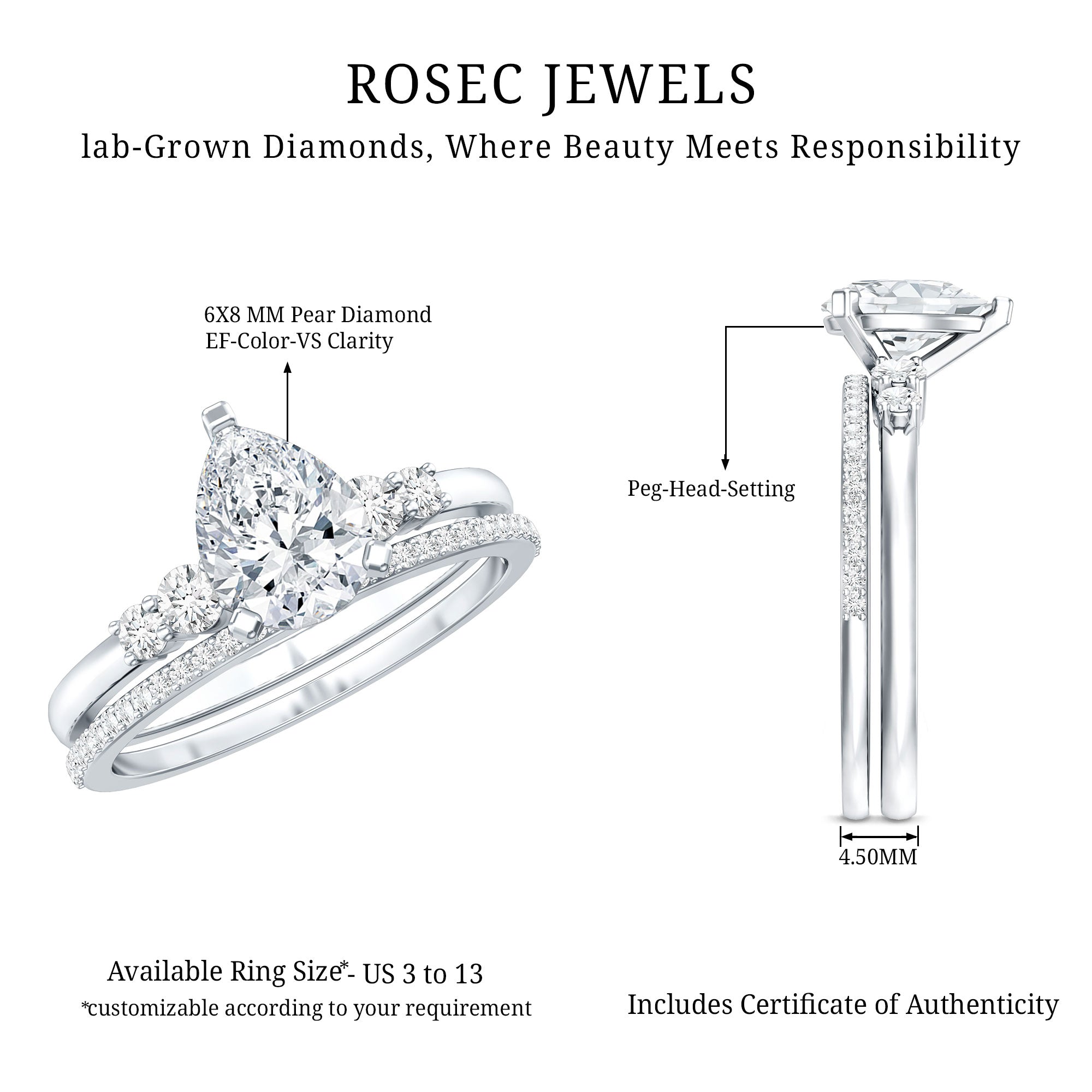 Certified Lab Grown Diamond 6X8 MM Teardrop Bridal Ring Set Lab - ( EF-VS ) - Rosec Jewels
