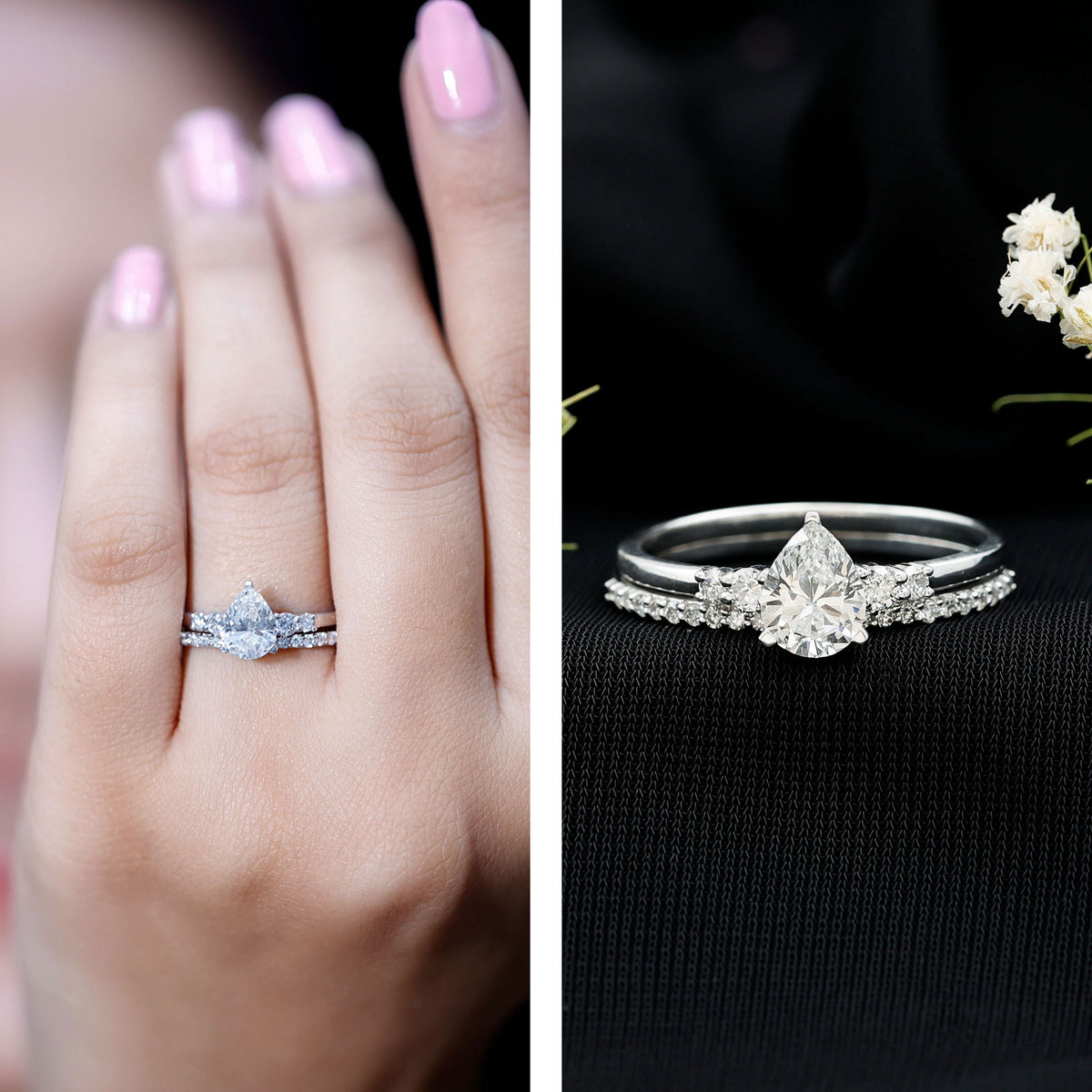 1.3 Carat Certified Lab Grown Diamond Teardrop Bridal Ring Set Lab - ( EF-VS ) - Rosec Jewels