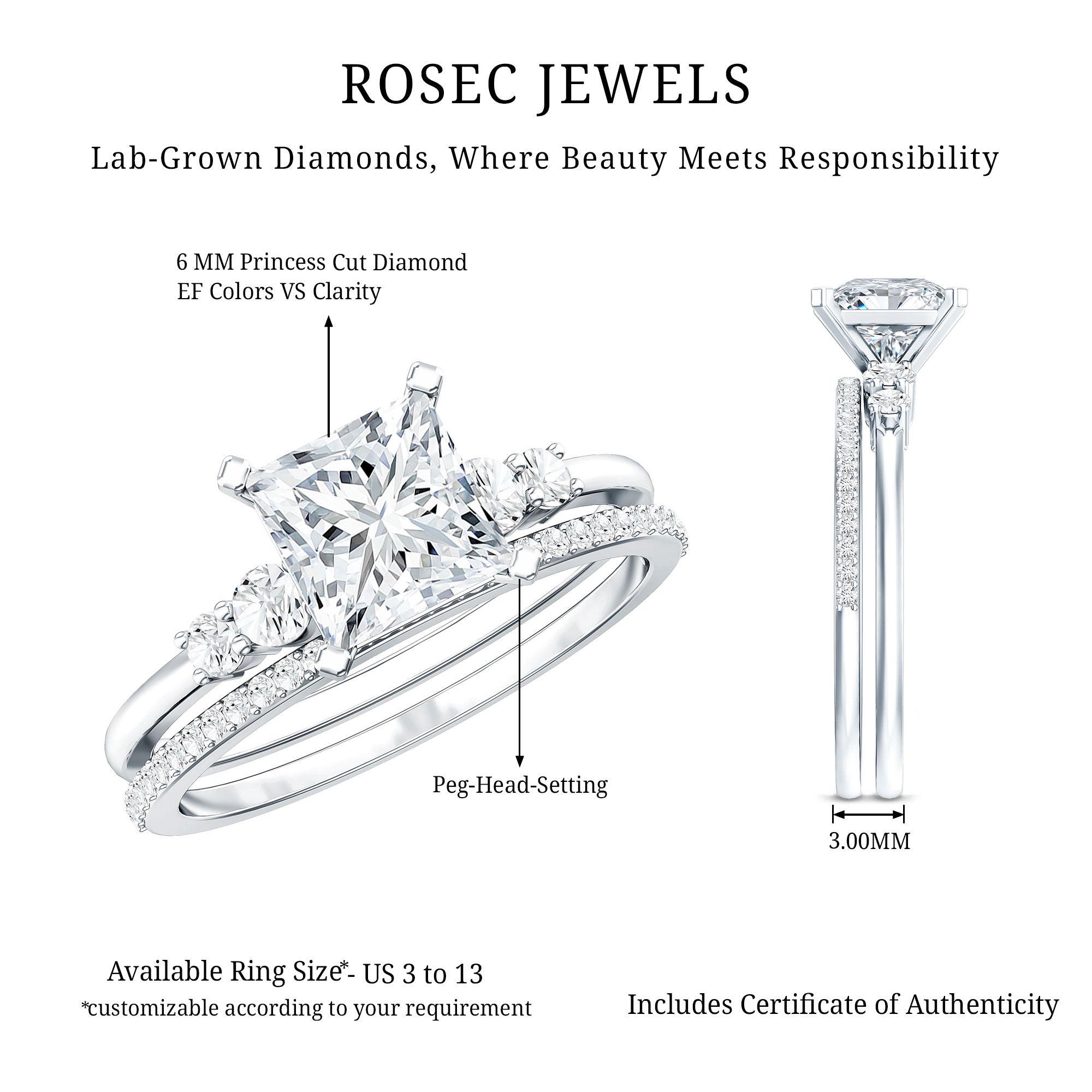 1.2 Carat Lab Grown Diamond Princess Cut Engagement Ring With Enhancer Lab - ( EF-VS ) - Rosec Jewels