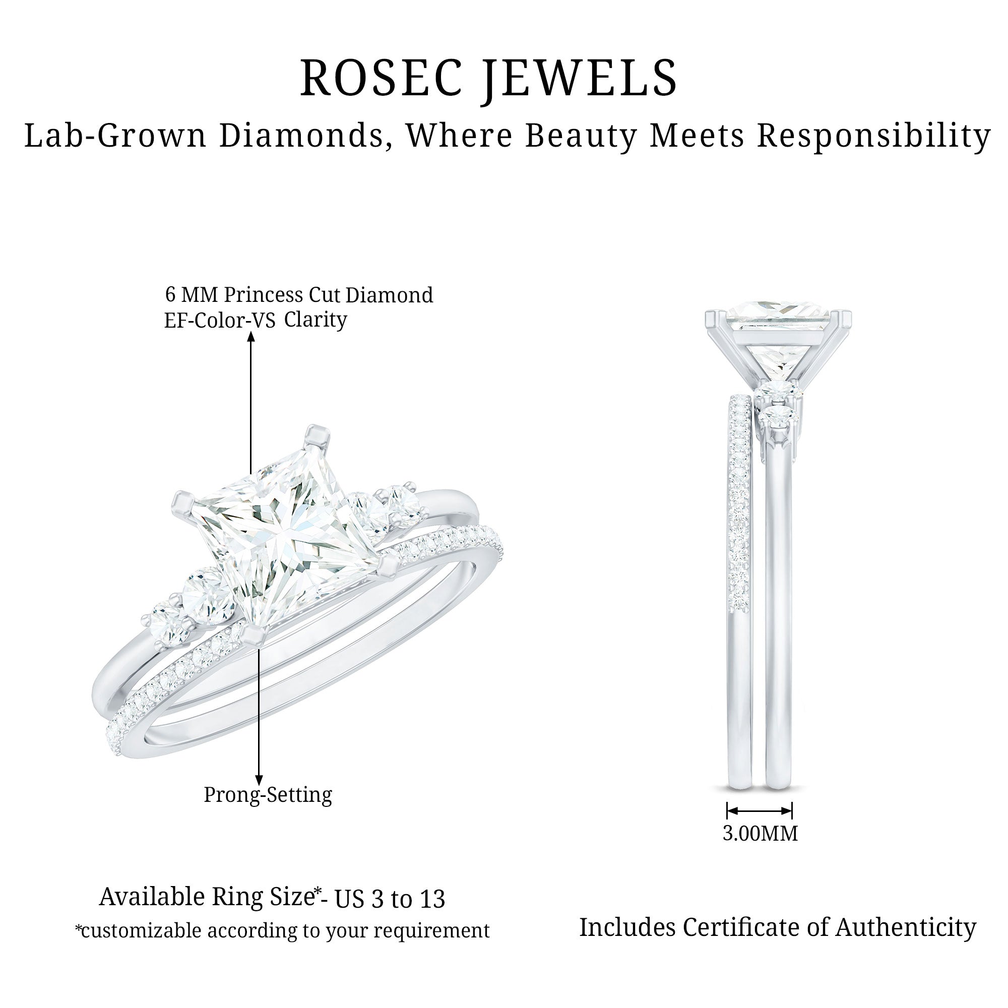 Rosec Jewels-Lab Grown Diamond 6 MM Princess Cut Engagement Ring With Enhancer