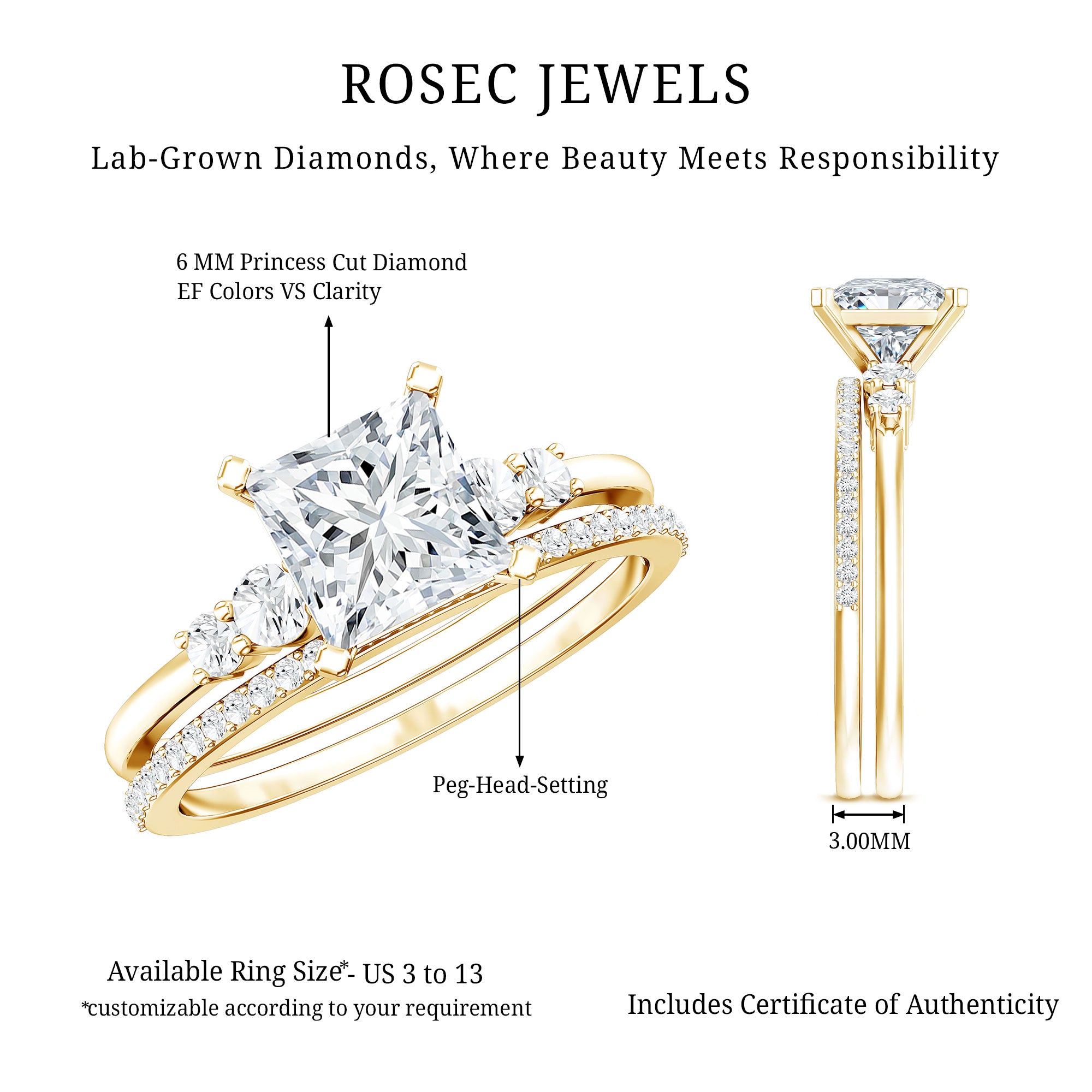 Lab Grown Diamond 6 MM Princess Cut Engagement Ring With Enhancer Lab - ( EF-VS ) - Rosec Jewels