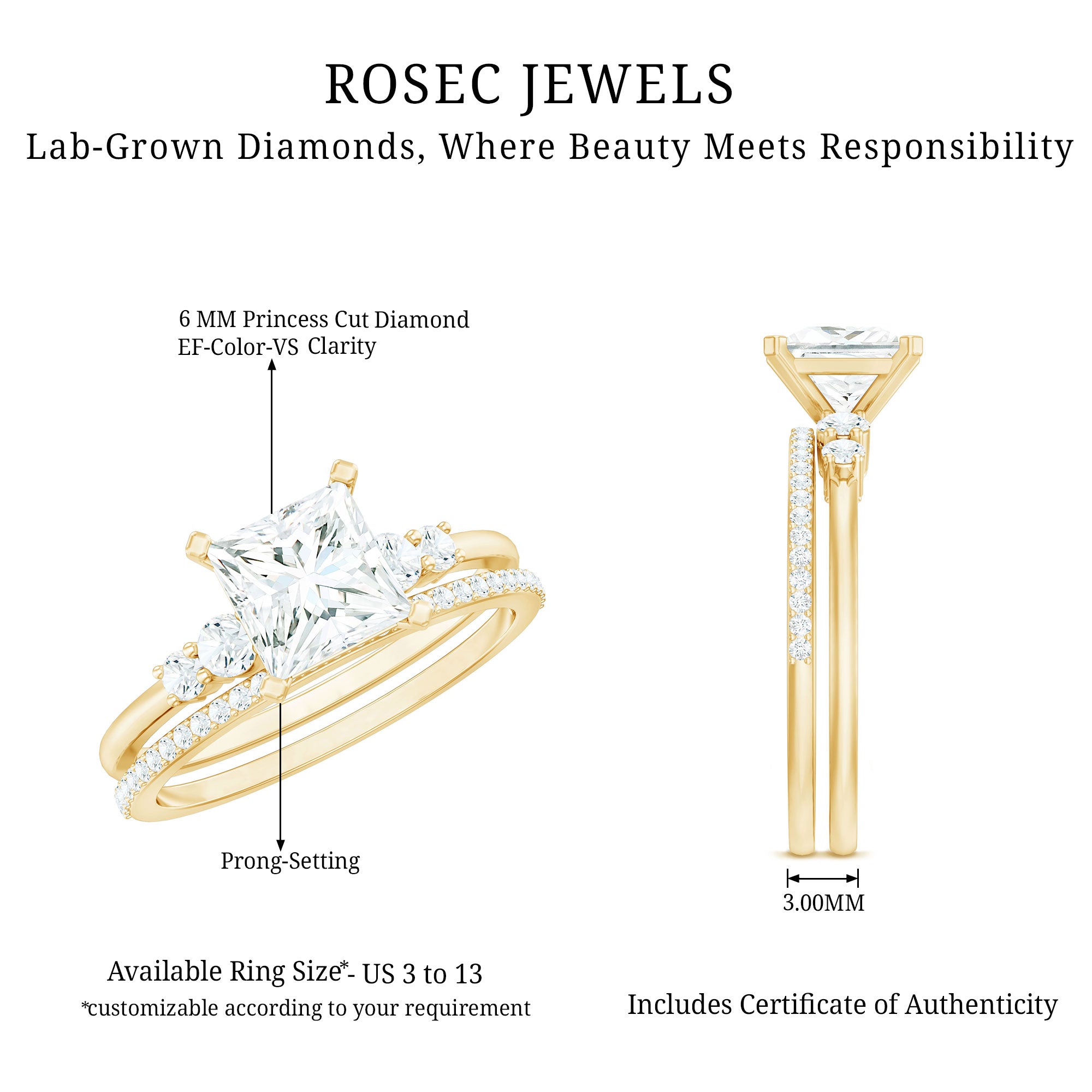 Rosec Jewels-Lab Grown Diamond 6 MM Princess Cut Engagement Ring With Enhancer