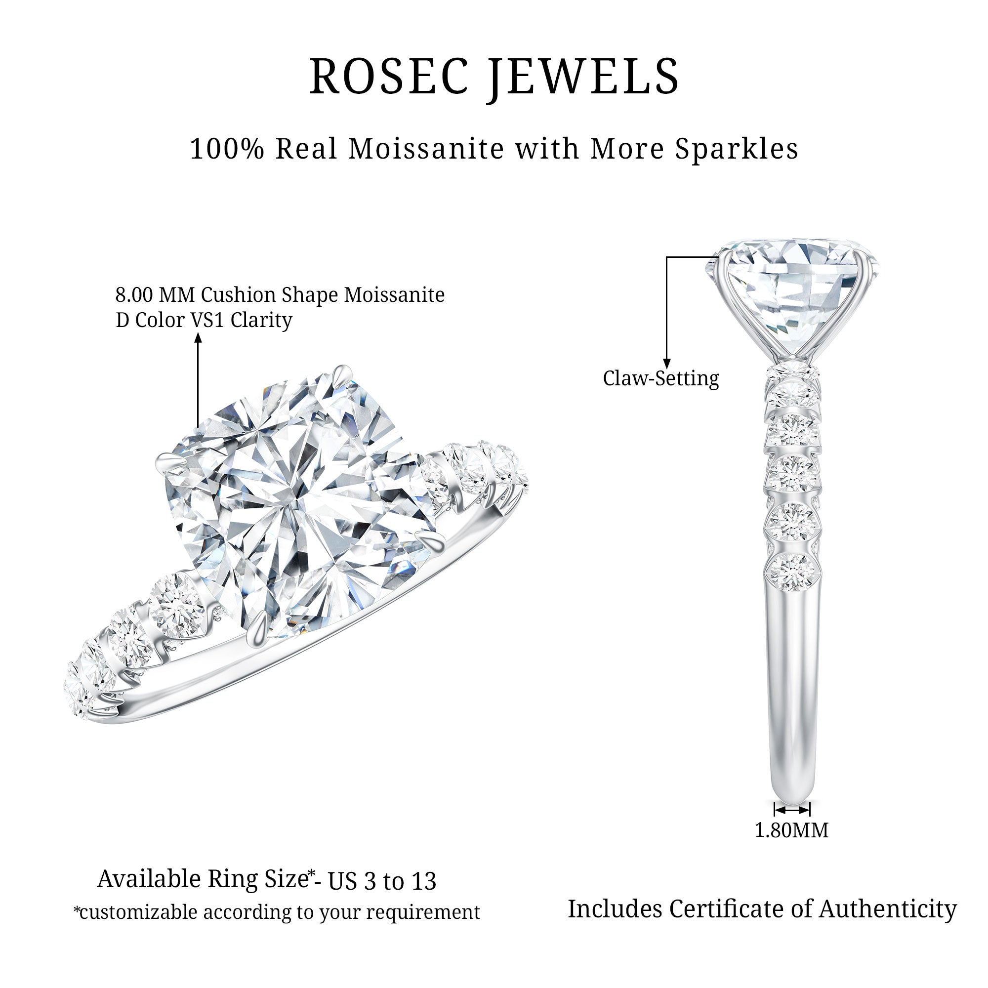 Rosec Jewels-IGI Certified 2 Carat Cushion Cut Lab Grown Diamond Engagement Ring with Side Stones