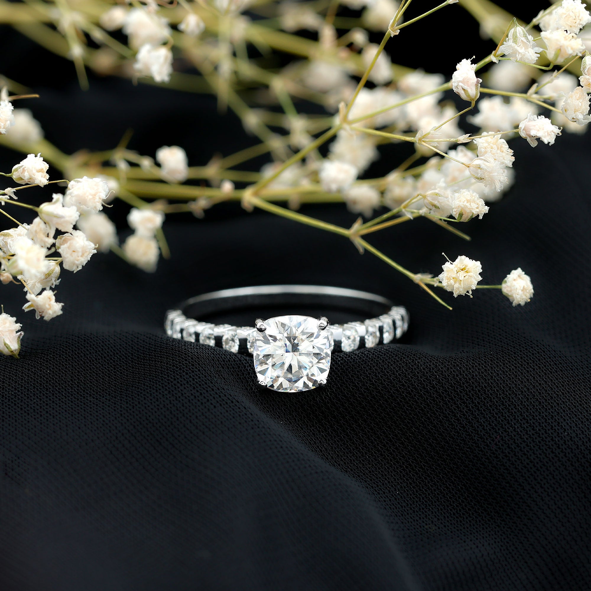 Rosec Jewels-IGI Certified 2 Carat Cushion Cut Lab Grown Diamond Engagement Ring with Side Stones