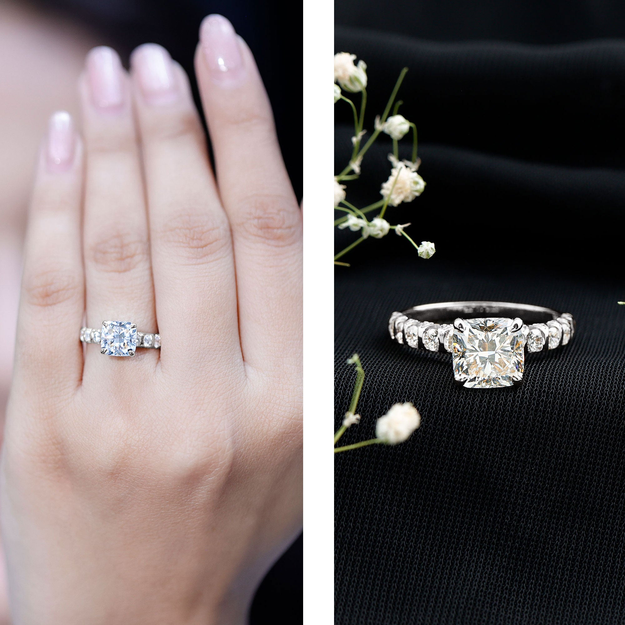 IGI Certified 2 Carat Cushion Cut Lab Grown Diamond Engagement Ring with Side Stones Lab - ( E-VS1 ) - Rosec Jewels