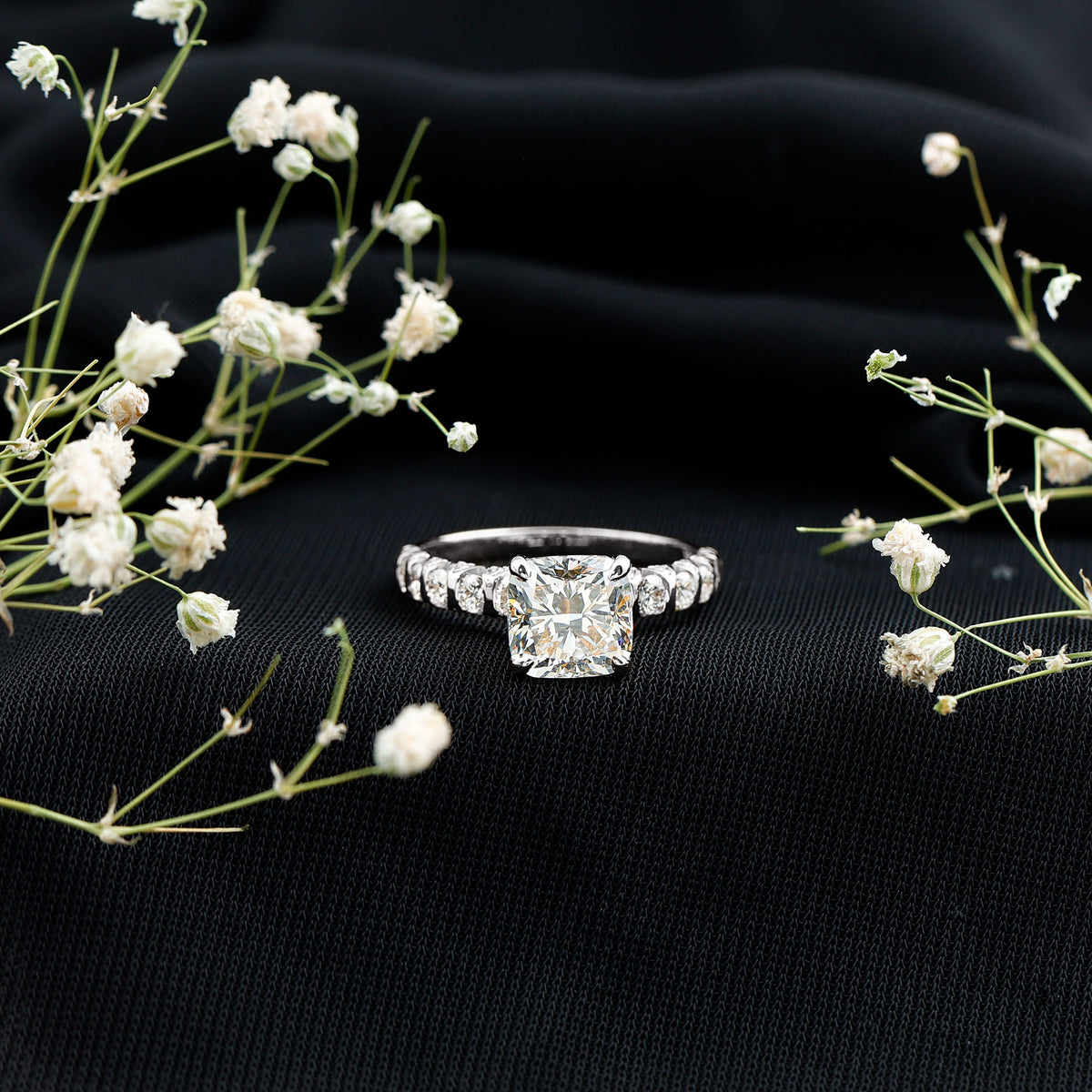 IGI Certified 2 Carat Cushion Cut Lab Grown Diamond Engagement Ring with Side Stones Lab - ( E-VS1 ) - Rosec Jewels