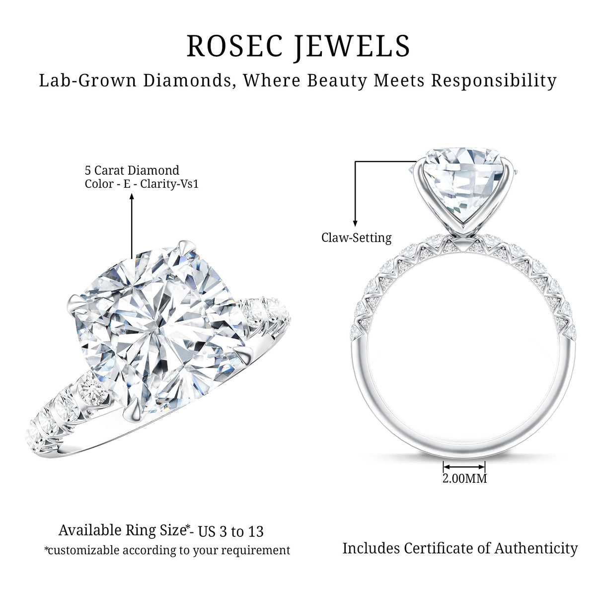 Rosec Jewels-5 Carat Cushion Cut Lab Diamond Huge Engagement Ring with IGI Certificate
