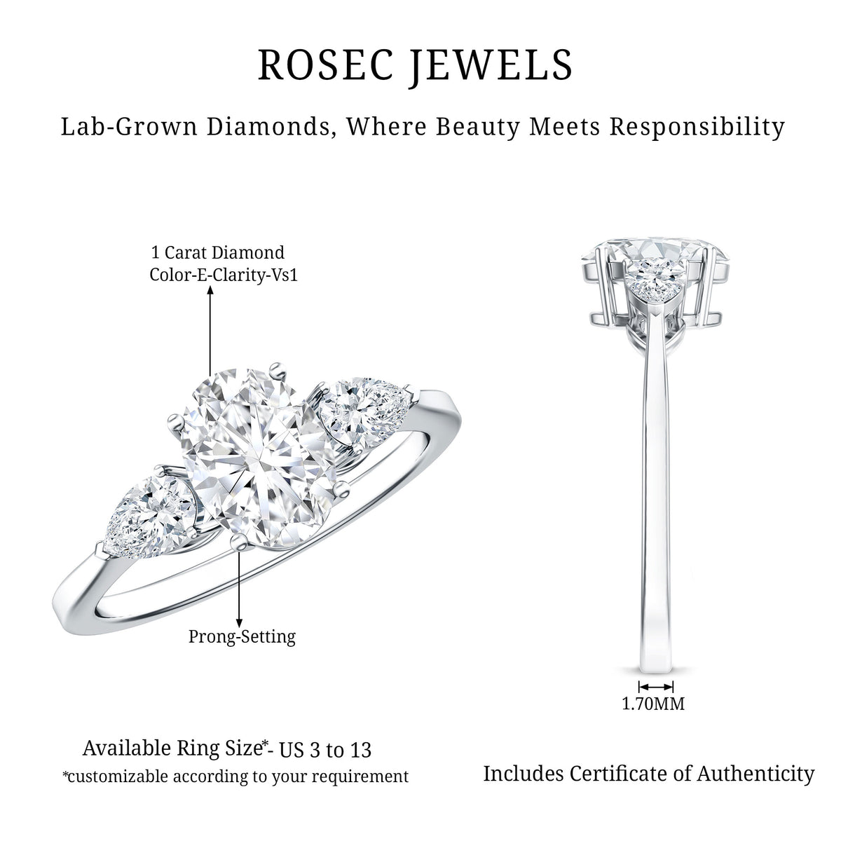 1 Carat Lab Grown Diamond Three Stone Engagement Ring with IGI Certificate Lab - ( E-VS1 ) - Rosec Jewels