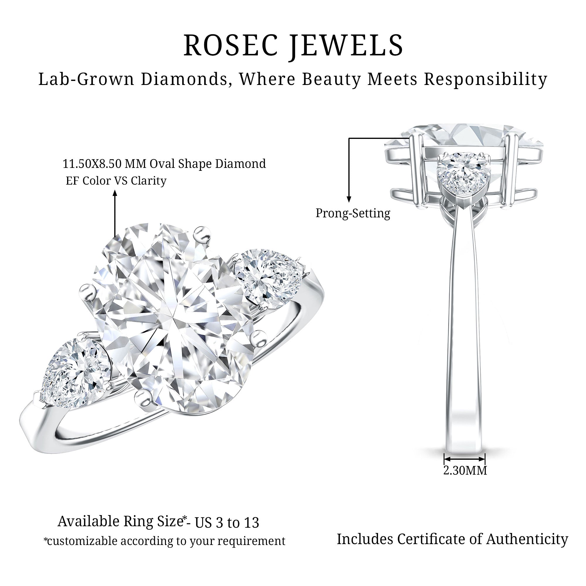Rosec Jewels-3 Carat Oval Lab Created Diamond Engagement Ring with IGI Certificate
