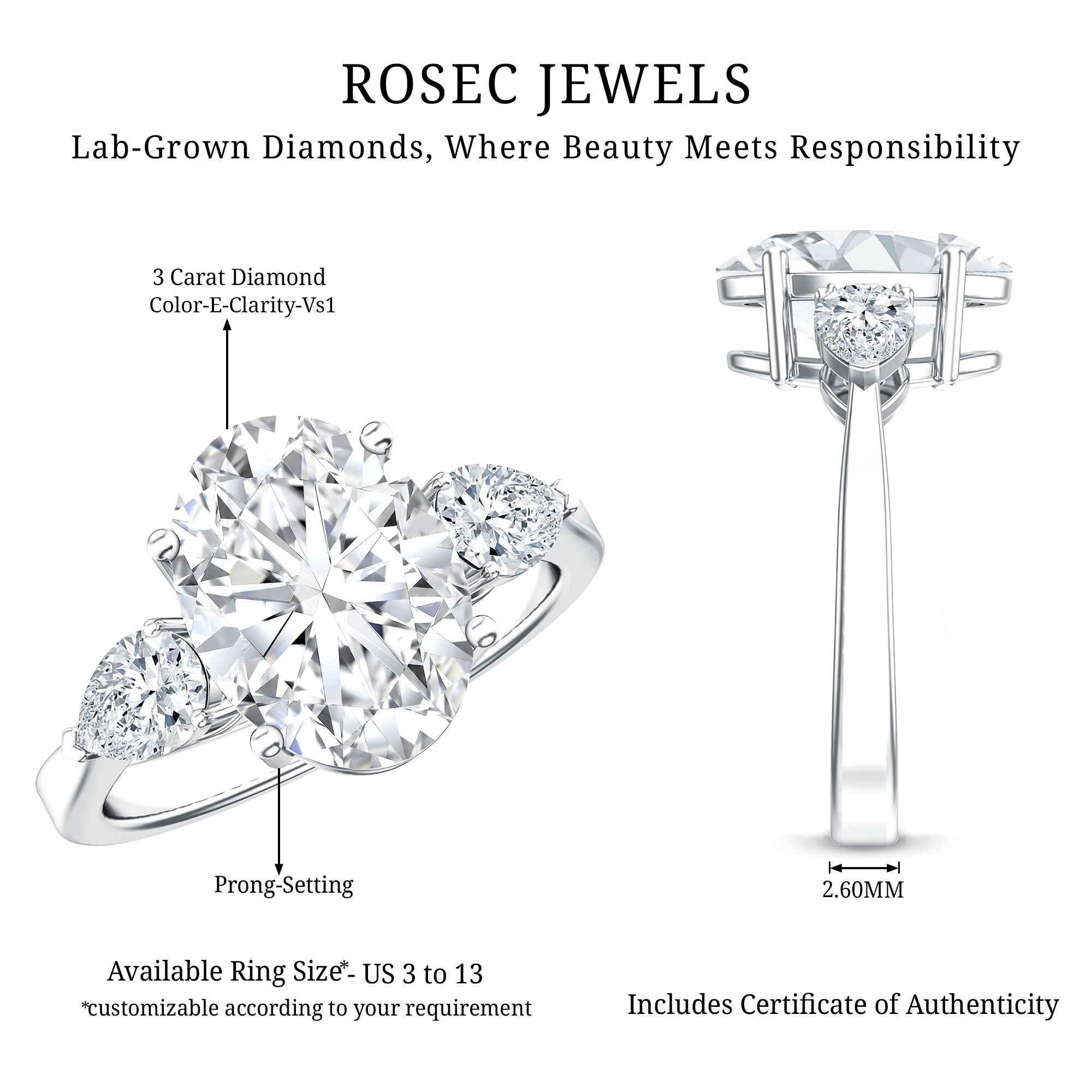 3 Carat Oval Lab Created Diamond Engagement Ring with IGI Certificate Lab - ( E-VS1 ) - Rosec Jewels