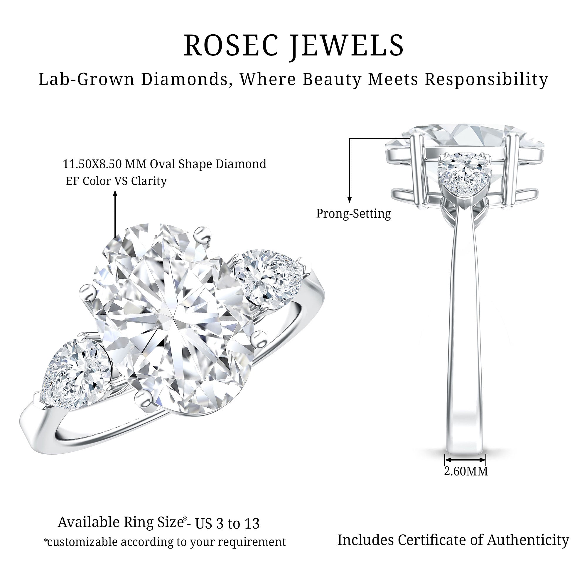 Rosec Jewels-3 Carat Oval Lab Created Diamond Engagement Ring with IGI Certificate