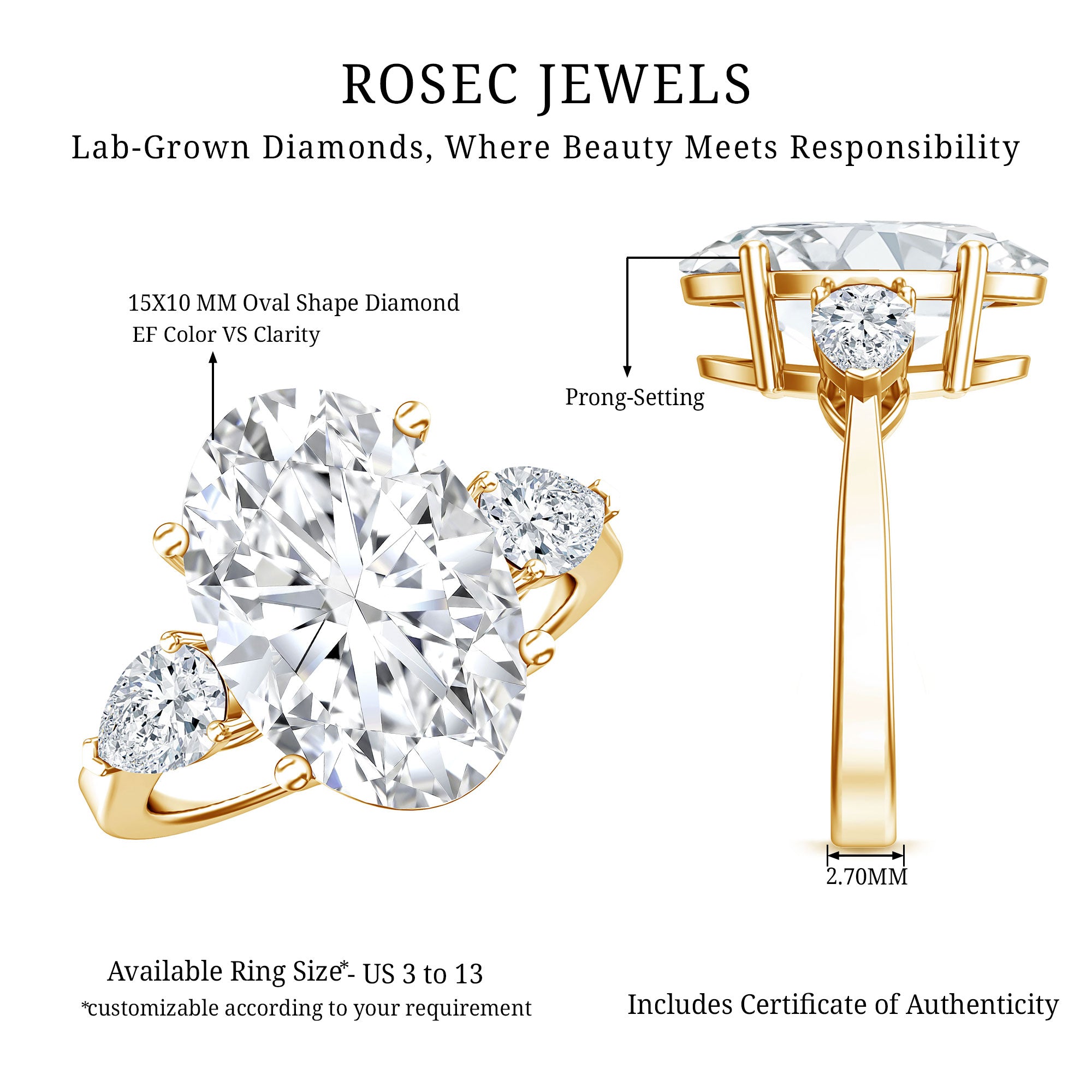 Rosec Jewels-IGI Certified 5 Carat Oval Lab Grown Diamond Big Engagement Ring with Pear Side Stones