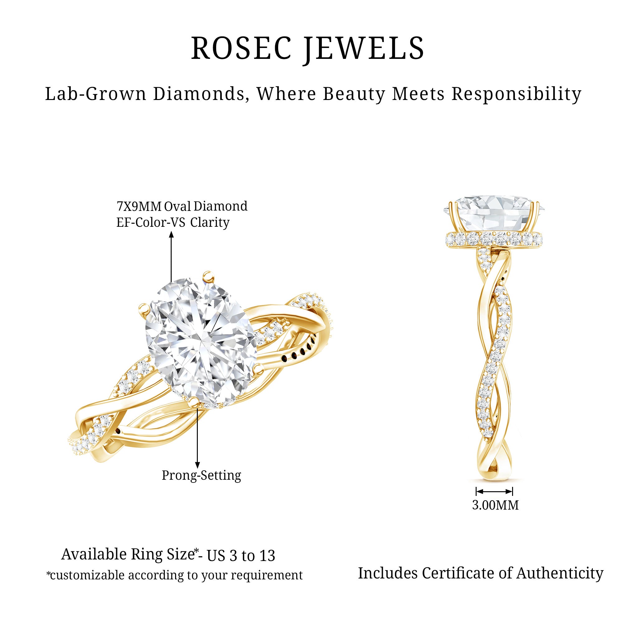 Rosec Jewels-IGI Certified 2 Carat Lab Grown Diamond Oval Hidden Halo Engagement Ring with Braided Band