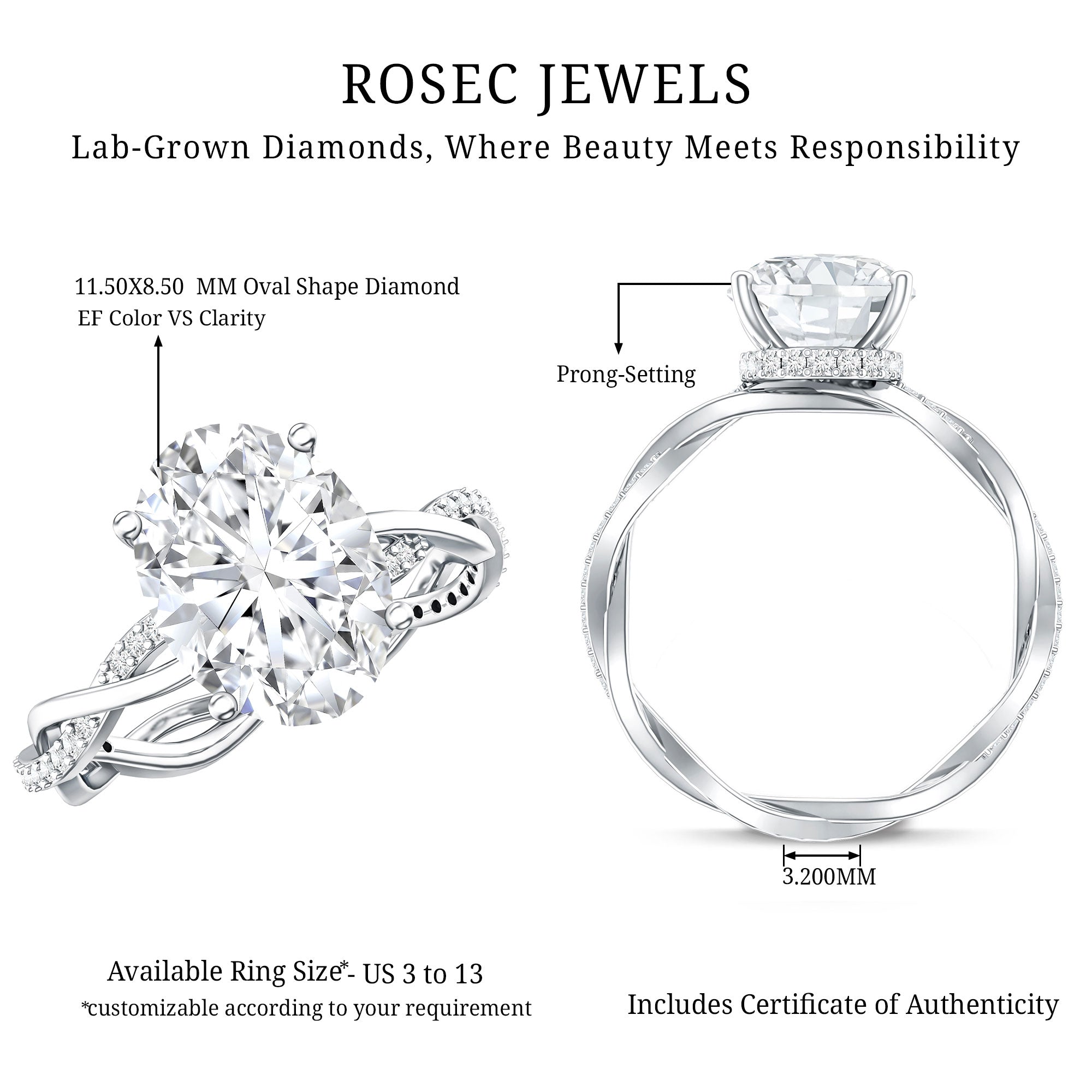 Rosec Jewels-IGI Certified Oval Shape Lab Grown Diamond Infinity Band Engagement Ring 3 Carat