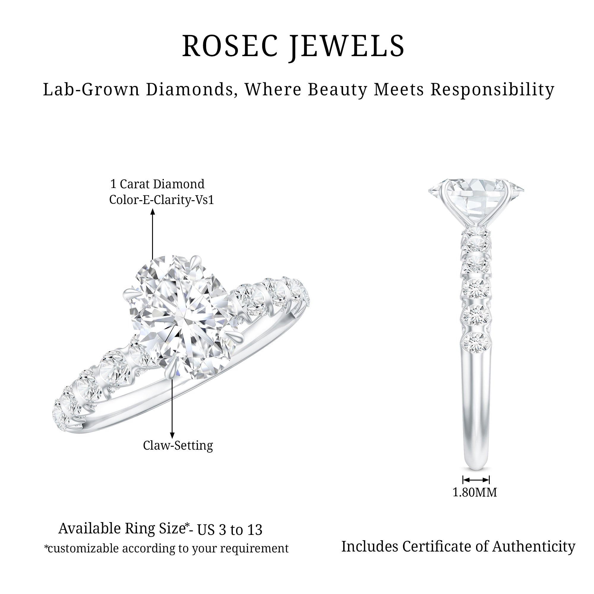 1 Carat Oval Cut Lab Grown Diamond Side Stone Engagement Ring IGI Certified Lab - ( E-VS1 ) - Rosec Jewels