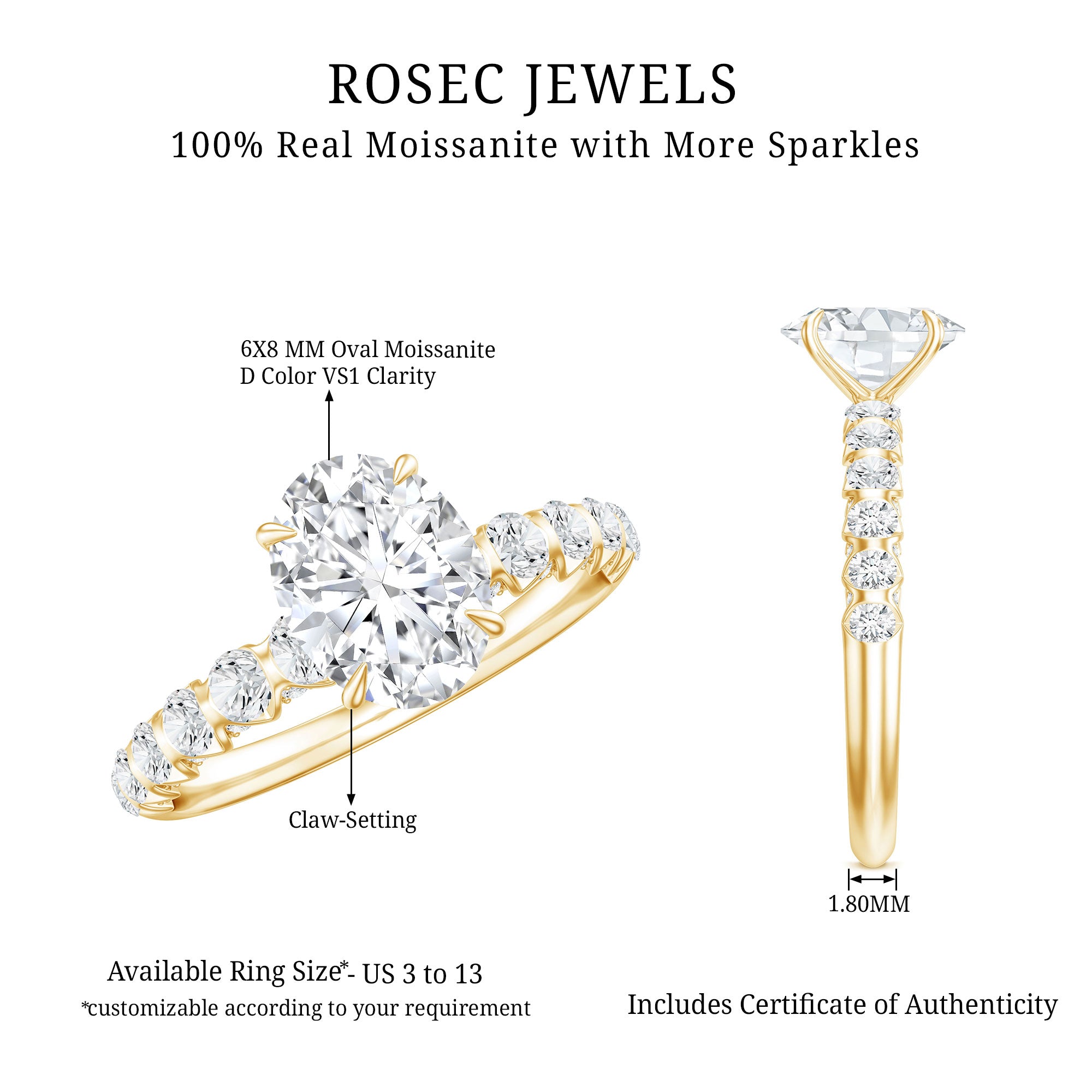Rosec Jewels-1 Carat Oval Cut Lab Grown Diamond Side Stone Engagement Ring IGI Certified