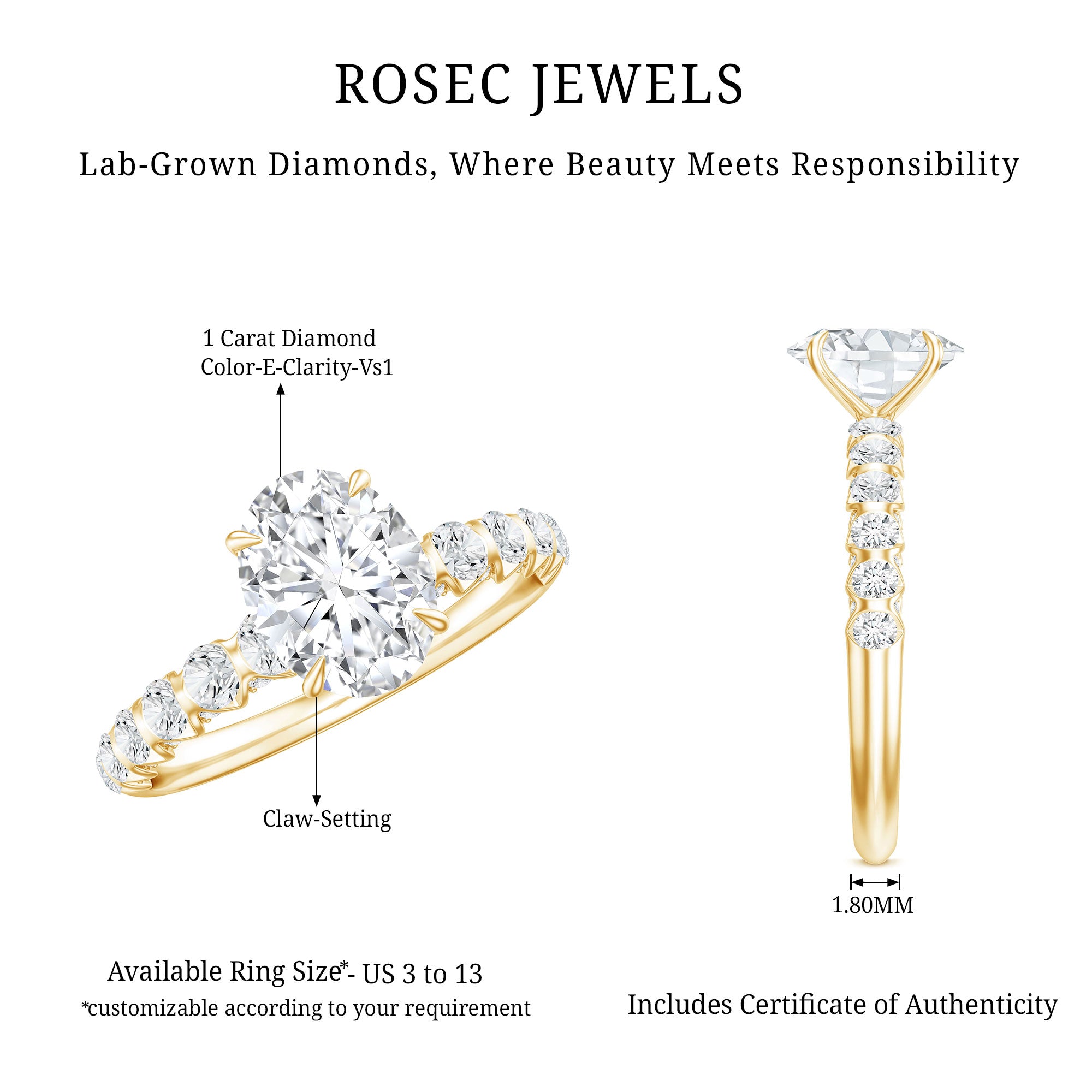 1 Carat Oval Cut Lab Grown Diamond Side Stone Engagement Ring IGI Certified Lab - ( E-VS1 ) - Rosec Jewels