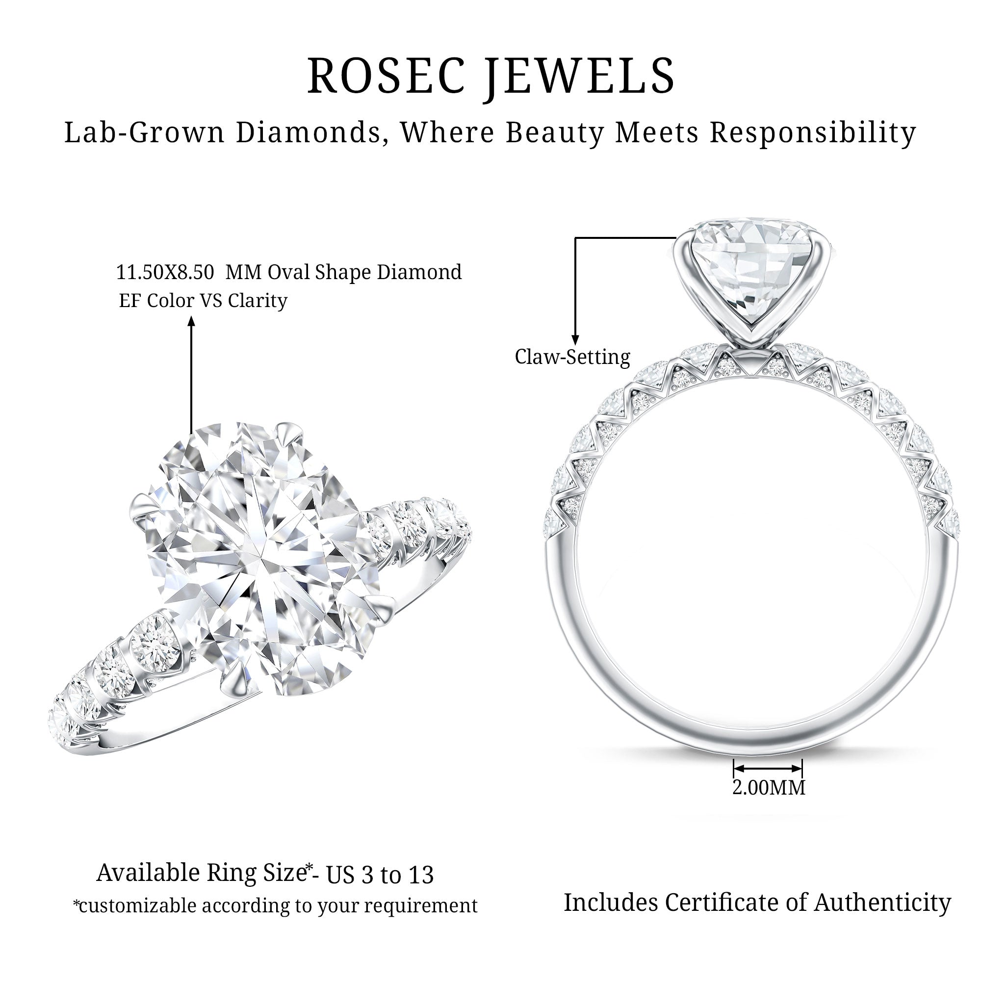 Rosec Jewels-Lab Grown Diamond Oblong Engagement Ring 3 Carat with IGI Certificate