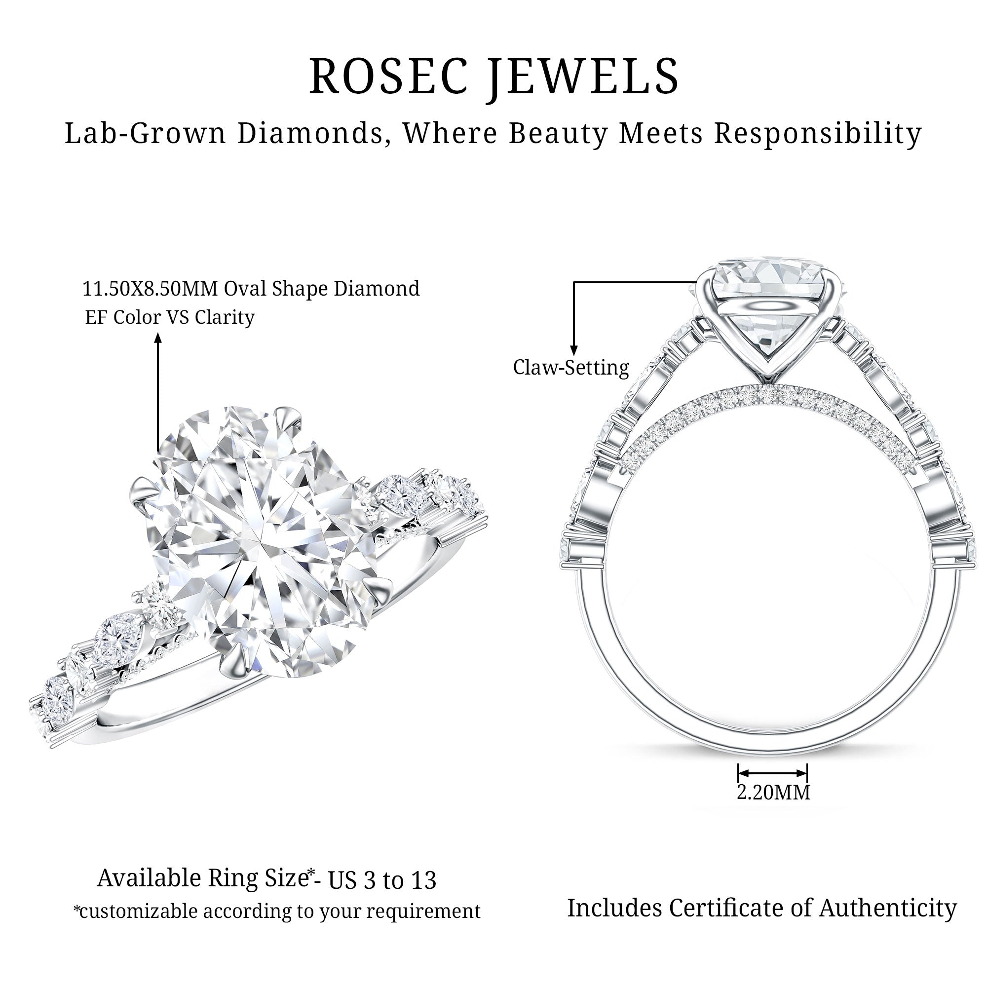 Rosec Jewels-3 Carat Oval Lab Grown Diamond Statement Engagement Ring with IGI Certificate