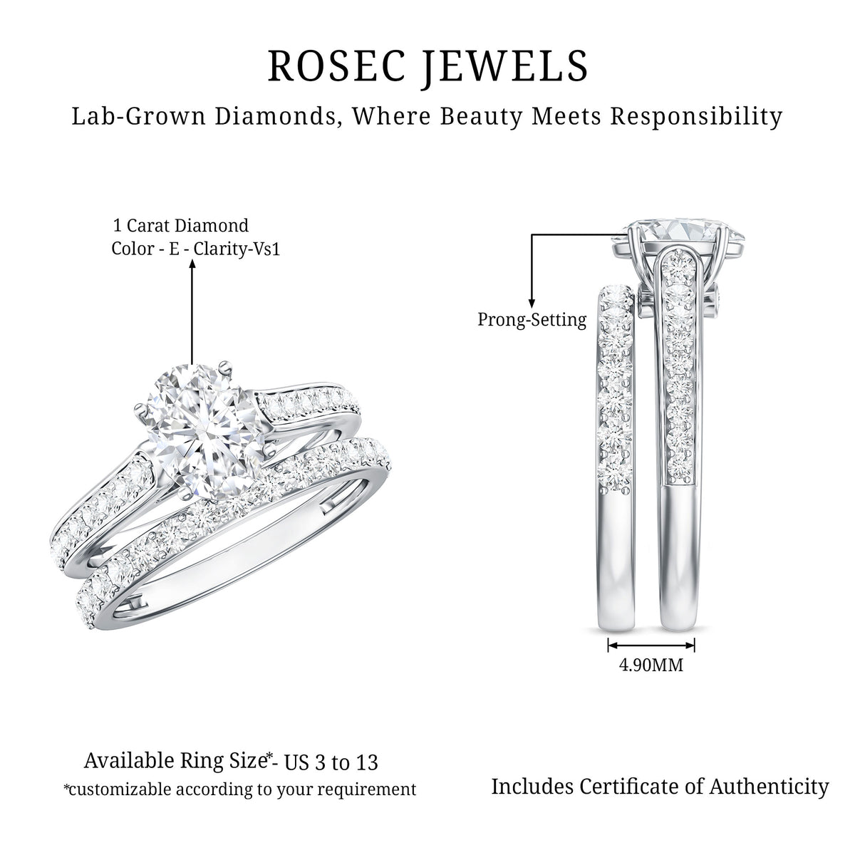 Oval Shaped 1 Carat Lab Grown Diamond Bridal Ring Set with IGI Certificate Lab - ( E-VS1 ) - Rosec Jewels