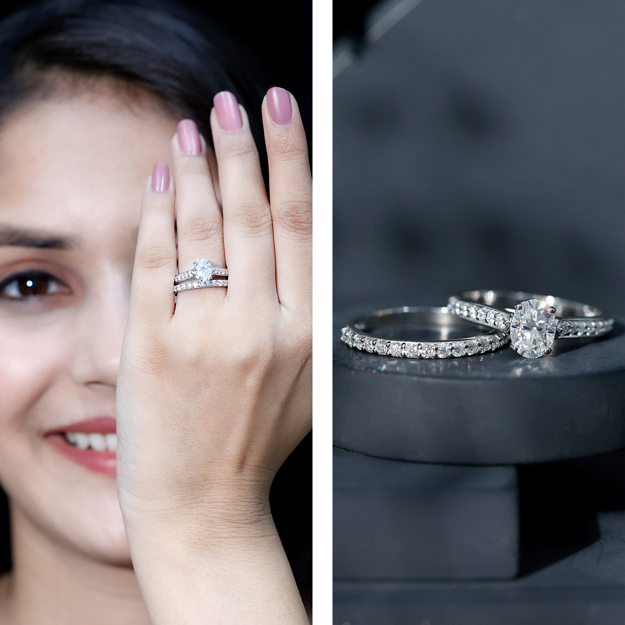Oval Shaped 1 Carat Lab Grown Diamond Bridal Ring Set with IGI Certificate Lab - ( E-VS1 ) - Rosec Jewels