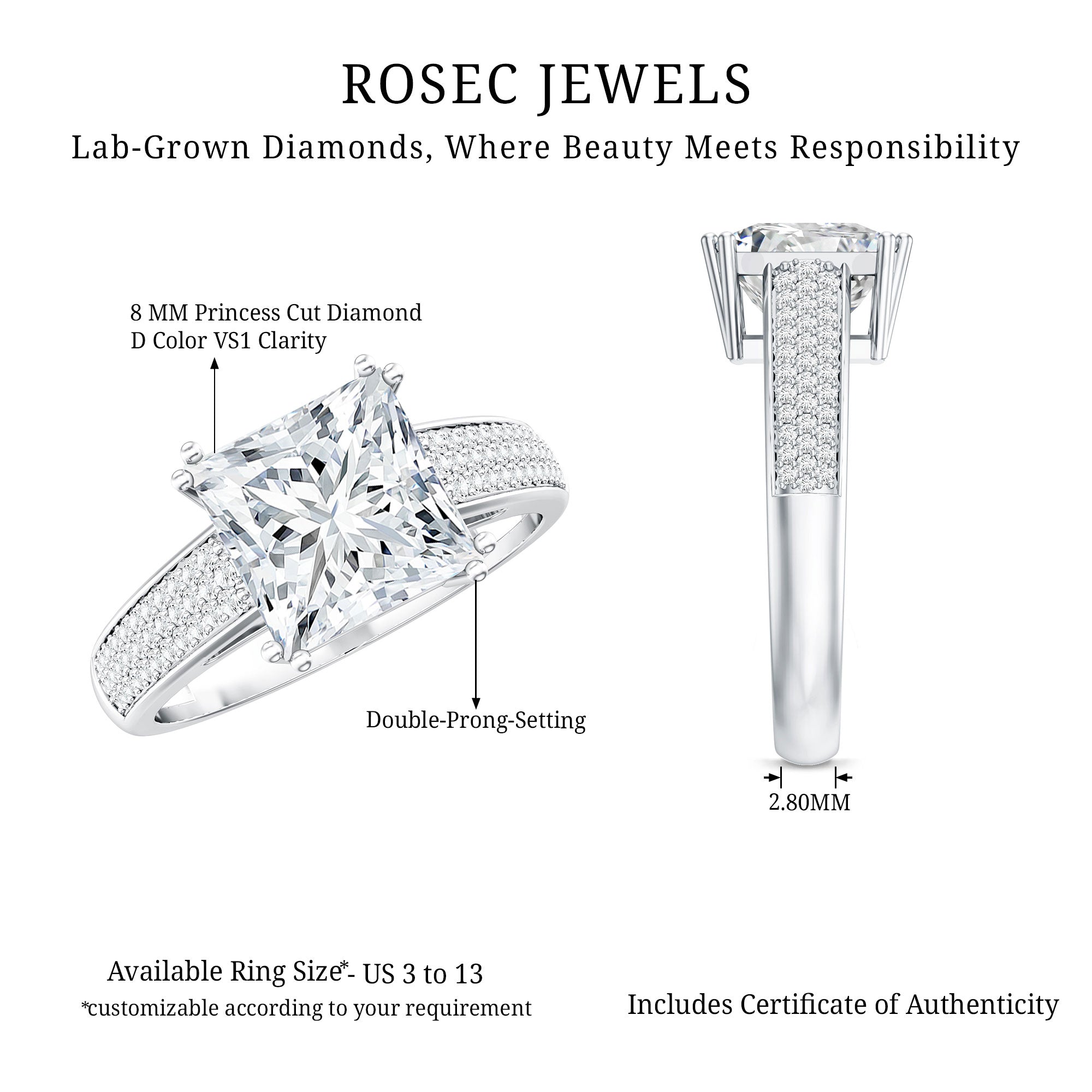 Rosec Jewels-IGI Certified 3 Carat Princess Cut Lab Grown Diamond Engagement Ring with Side Stones