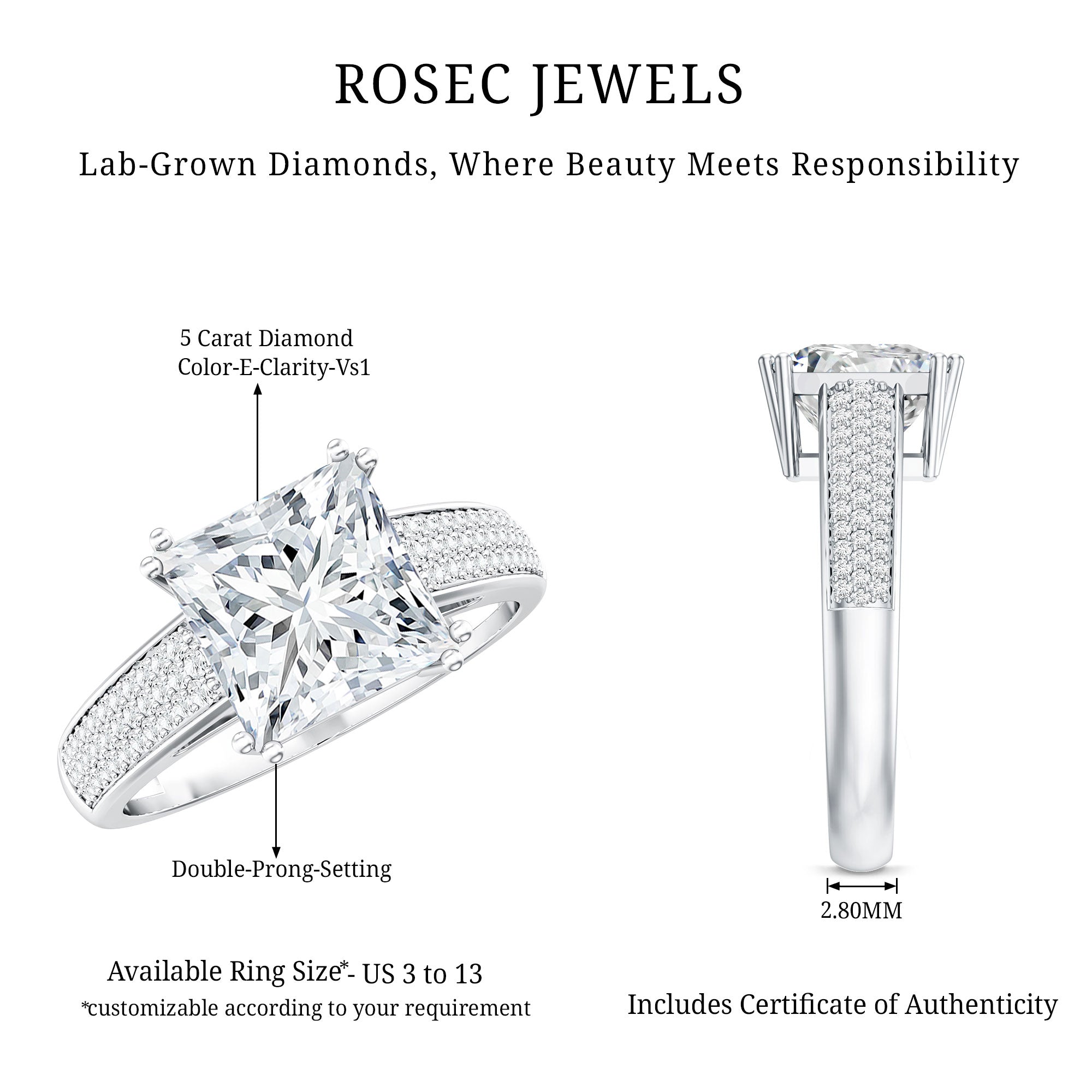 5 Carat Princess Cut Lab Diamond Thick Band Engagement Ring with IGI Certificate Lab - ( E-VS1 ) - Rosec Jewels
