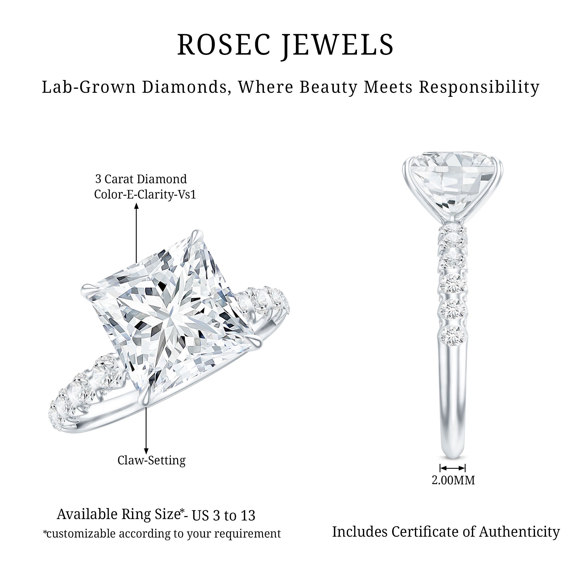 IGI Certified Lab Grown Diamond 3 Carat Square Cut Engagement Ring Lab - ( E-VS1 ) - Rosec Jewels