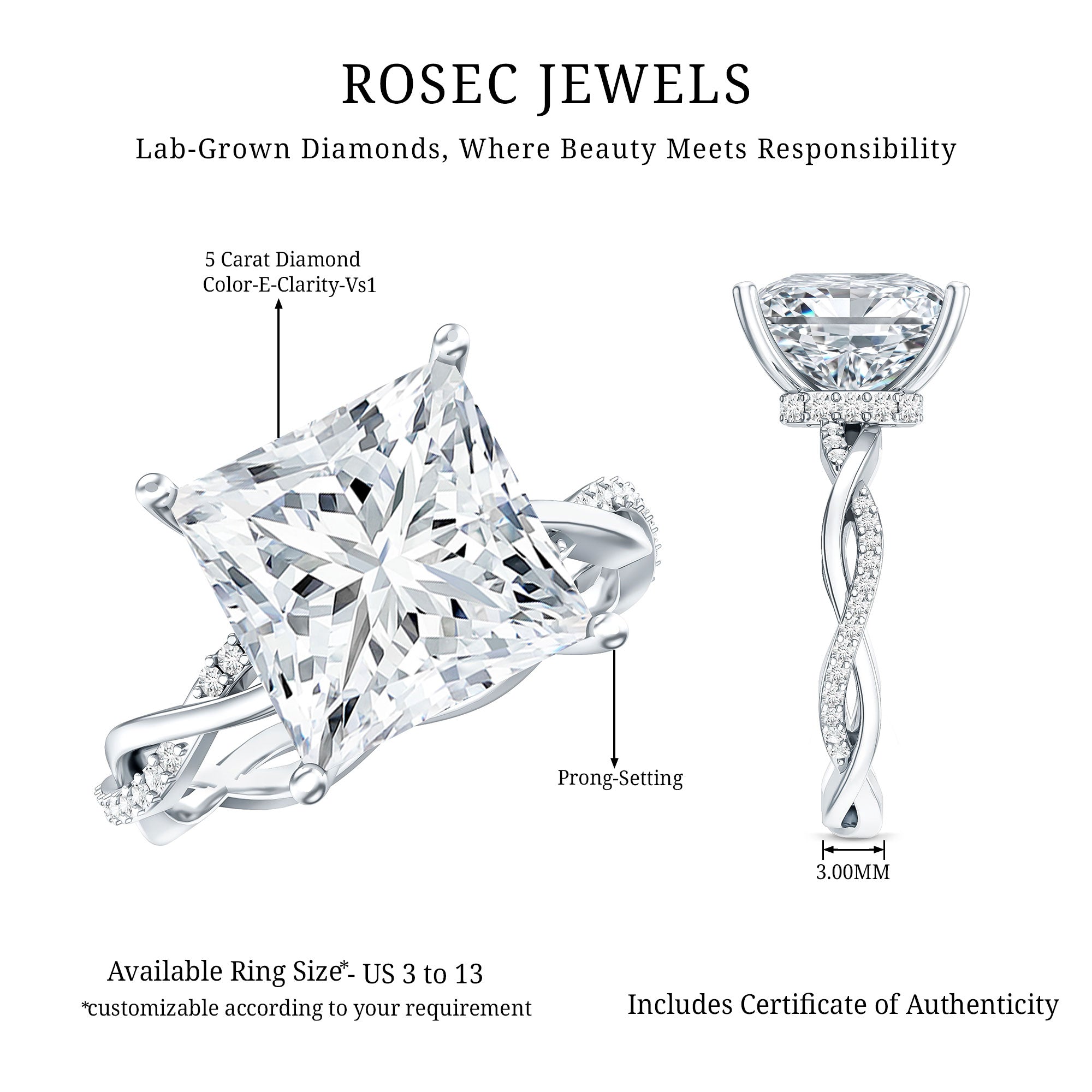 IGI Certified 5 Carat Princess Cut Lab Grown Diamond Huge Engagement Ring with Braided Band Lab - ( E-VS1 ) - Rosec Jewels