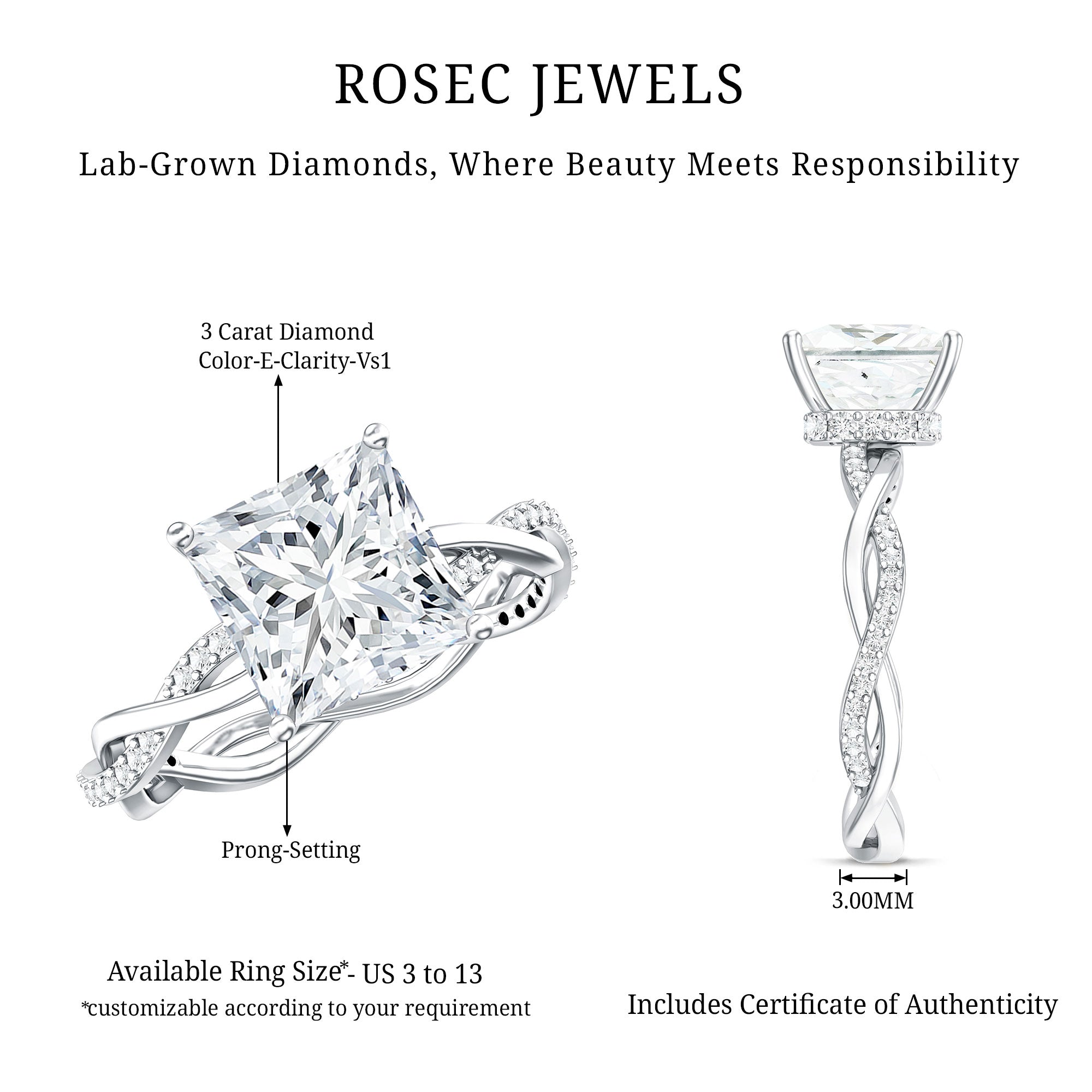 IGI Certified 3 Carat Princess Cut Lab Grown Diamond Hidden Halo Engagement Ring with Infinity Band Lab - ( E-VS1 ) - Rosec Jewels