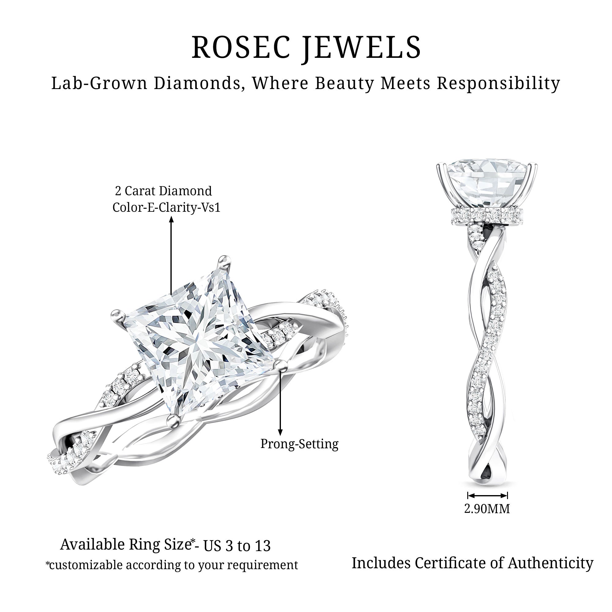 IGI Certified 2 Carat Princess Cut Lab Diamond Braided Engagement Ring with Hidden Halo Lab - ( E-VS1 ) - Rosec Jewels