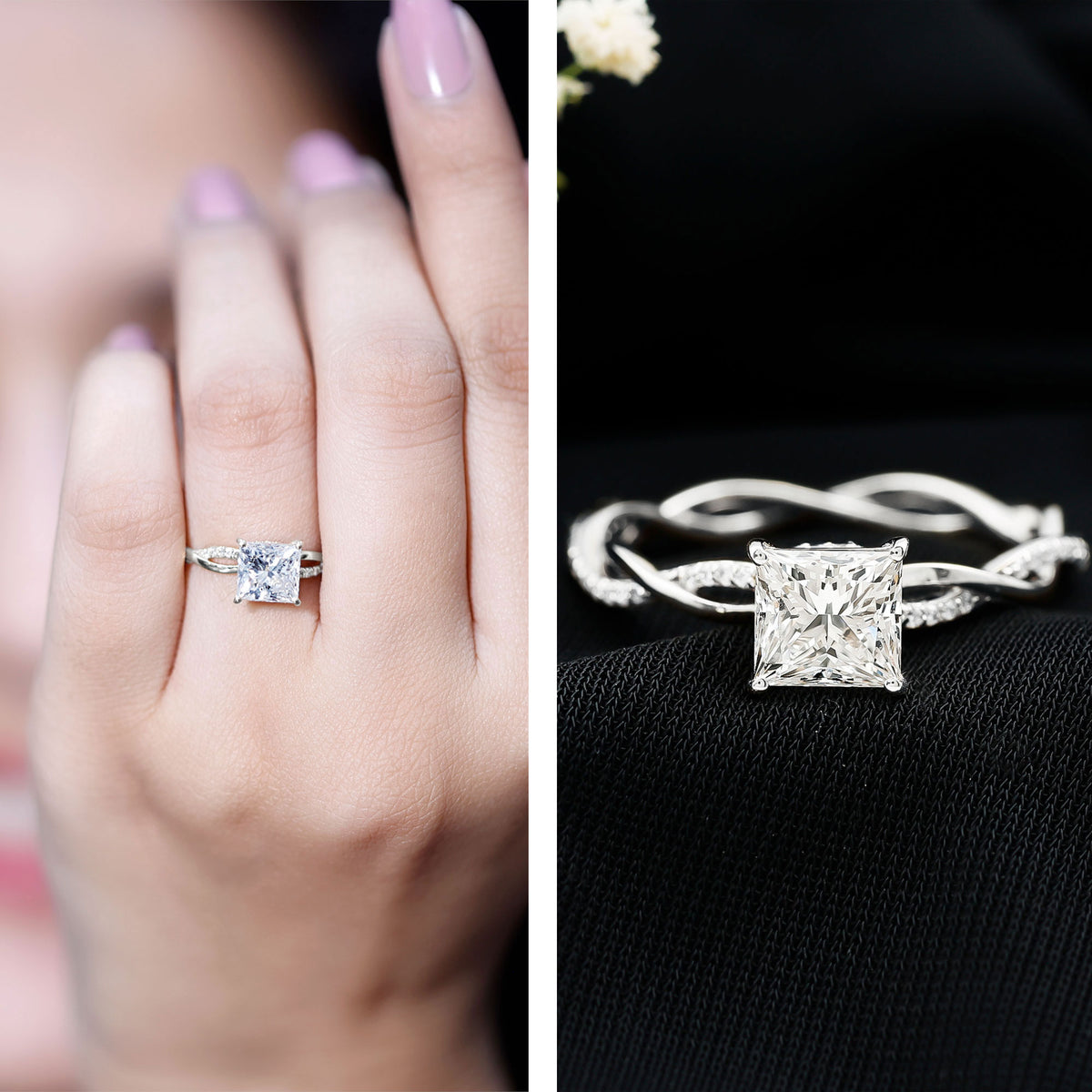IGI Certified 2 Carat Princess Cut Lab Diamond Braided Engagement Ring with Hidden Halo Lab - ( E-VS1 ) - Rosec Jewels