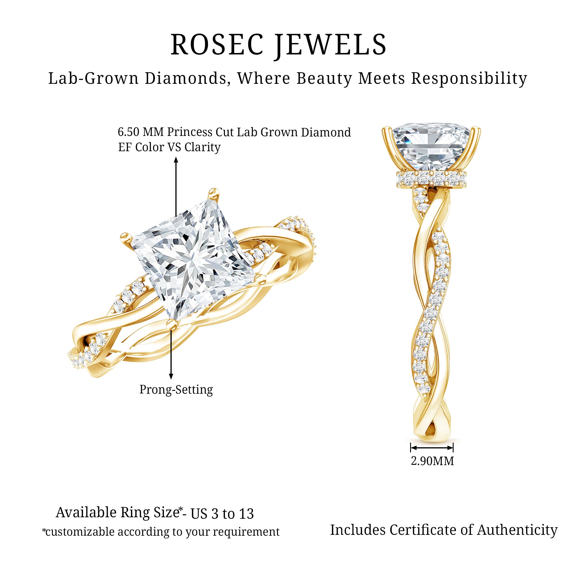 Rosec Jewels-IGI Certified 2 Carat Princess Cut Lab Diamond Braided Engagement Ring with Hidden Halo