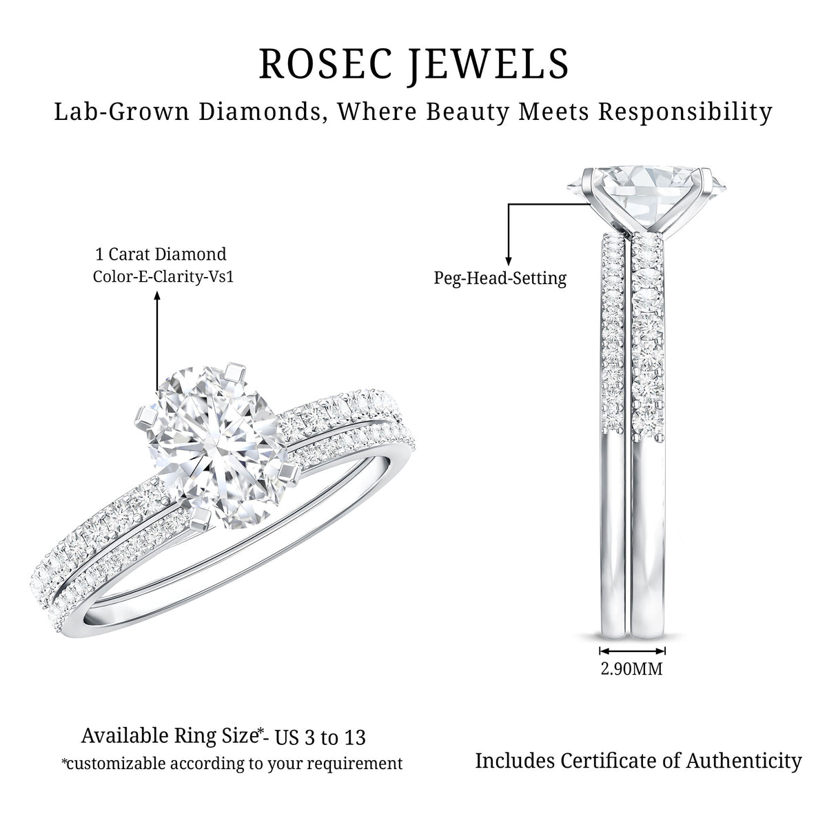 IGI Certified 1 Carat Lab Grown Diamond Engagement Ring with Wedding Band Set Lab - ( E-VS1 ) - Rosec Jewels